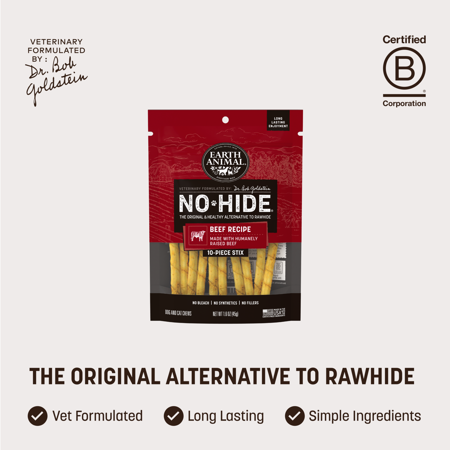 Earth Animal No-Hide Rawhide Alternative Dog & Cat Treat Stix, Grass-Fed Beef, 10-Pack