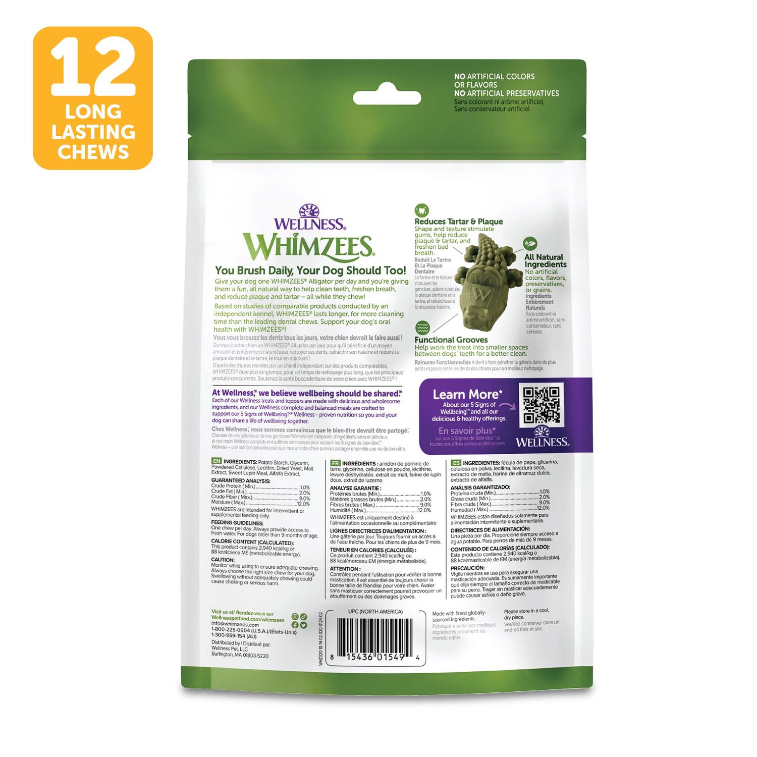 Whimzees Alligator Natural Grain-Free Daily Dental Long Lasting Dog Treats, Medium, 12 Count