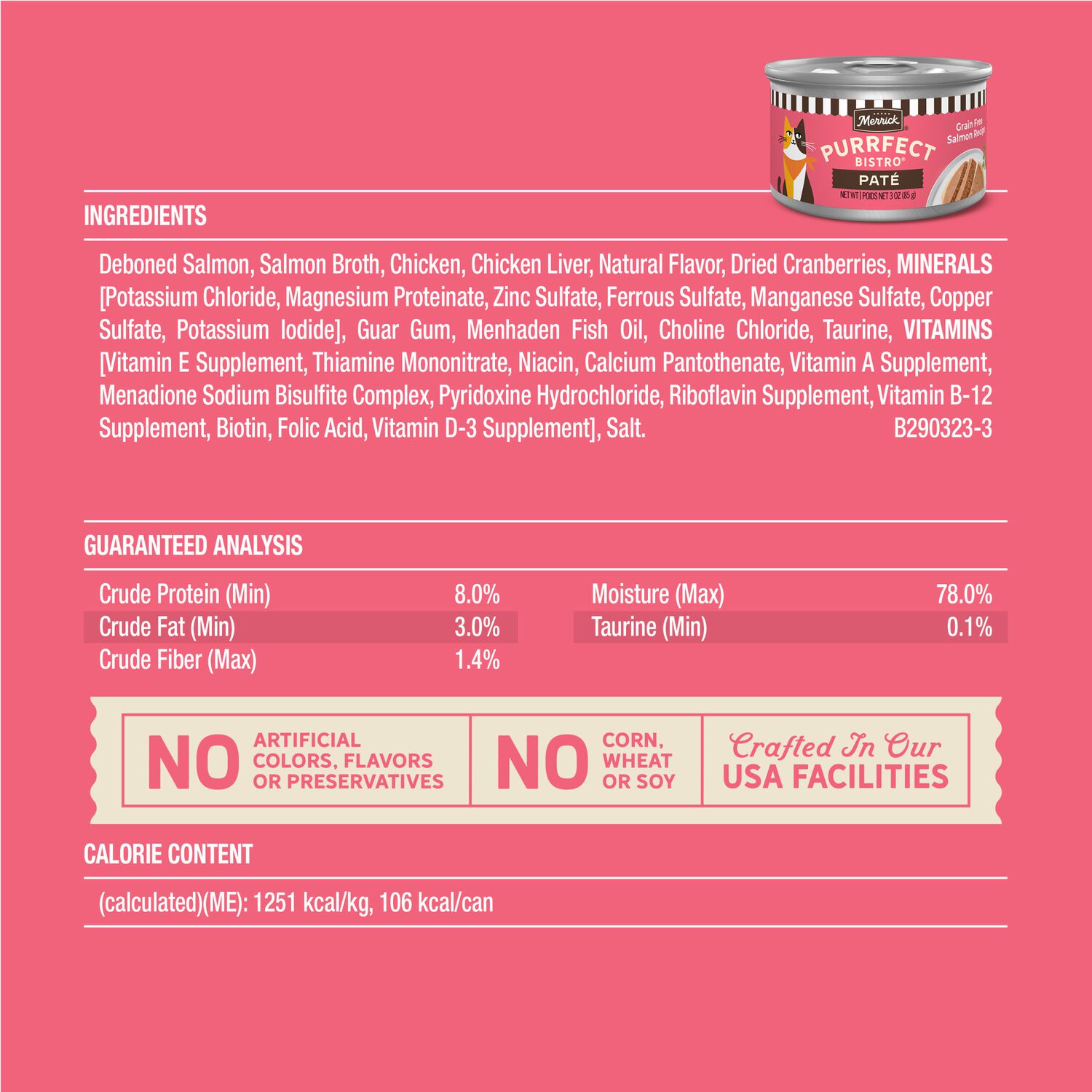 Merrick Purrfect Bistro Grain-Free Premium Soft Canned Pate Adult Wet Cat Food, High Protein Salmon Recipe, 3-Oz Can