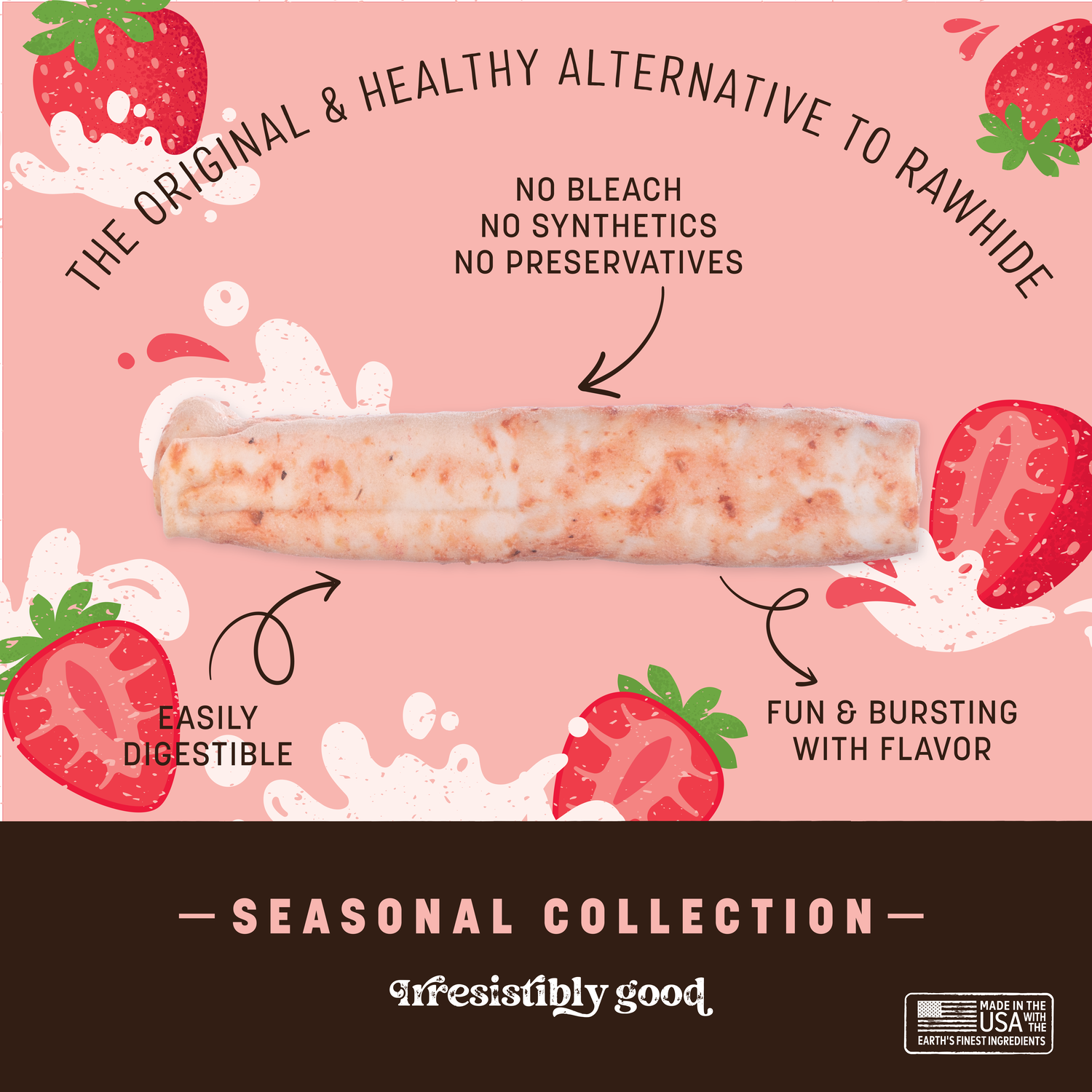 Earth Animal No-Hide Rawhide Alternative Chews Dog Treats, Strawberries & Cream Flavor, Medium