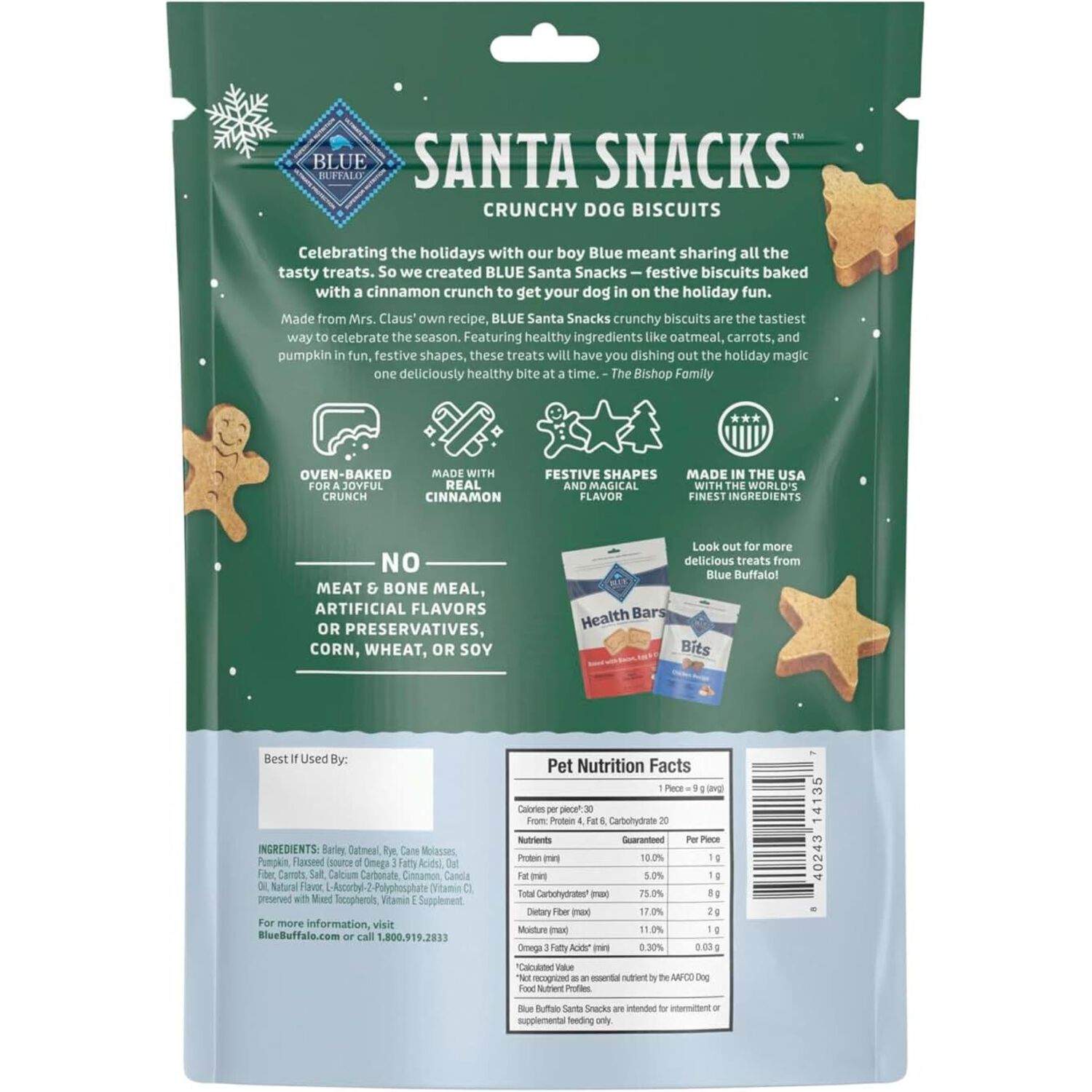 Blue Buffalo Santa Snacks Natural Crunchy Biscuit Dog Treats, Oatmeal & Cinnamon, 11-Oz Bag
