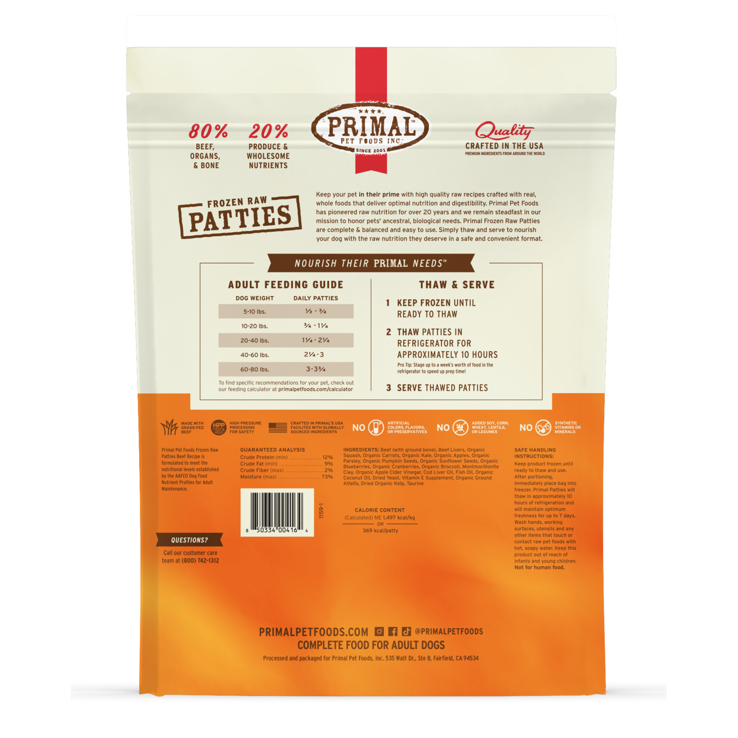 Primal Raw Patties Beef Frozen Dog Food, 18Lb