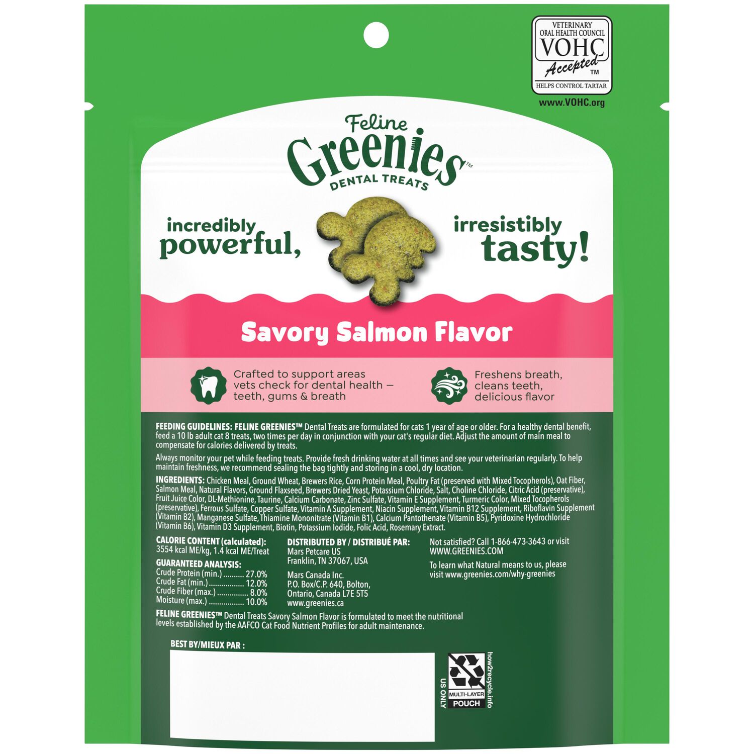 Greenies Feline Natural Crunchy Adult Cat Dental Treats, Savory Salmon, 4.6-Oz Bag