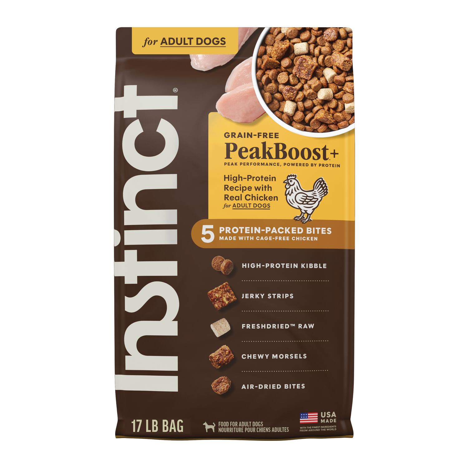 Instinct Peakboost+ Grain-Free High-Protein Adult Dry Dog Food With 5 Protein-Packed Bites, Real Chicken Recipe, 17-Lb Bag