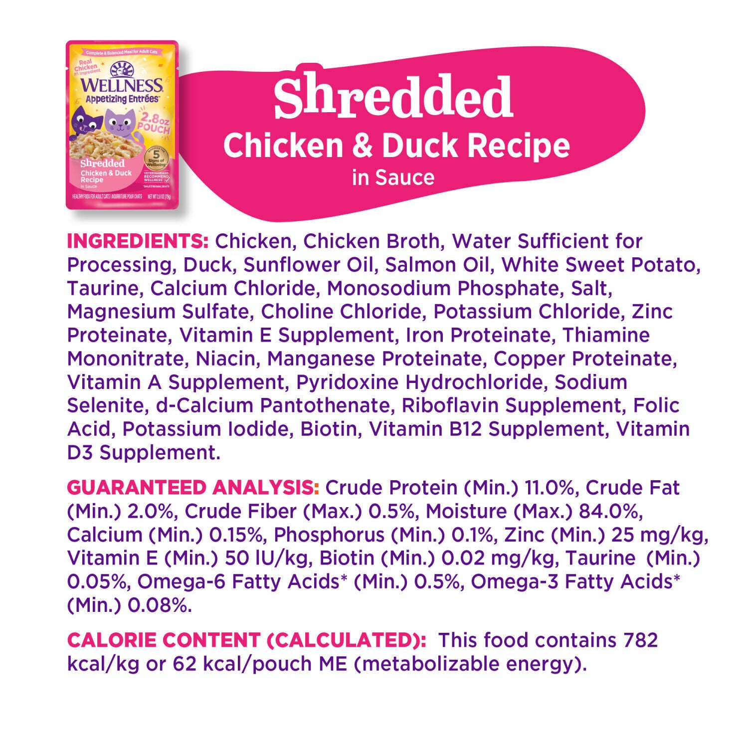 Wellness Appetizing Entr&eacute;es Shredded Adult Wet Cat Food, Natural, Protein-Rich, Grain Free Chicken & Duck Recipe, 2.8 Ounce Pouch