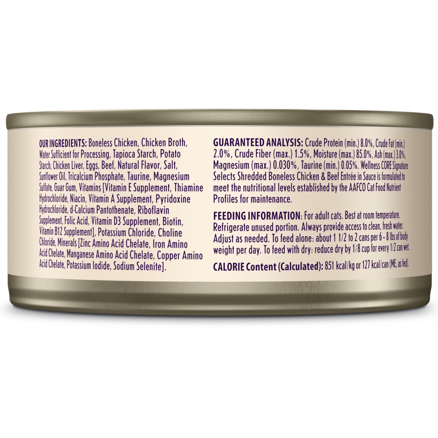 Wellness Core Signature Selects Shredded Adult Wet Cat Food Grain-Free Chicken & Beef Entree, Natural, Protein-Rich, 5.3 Ounce