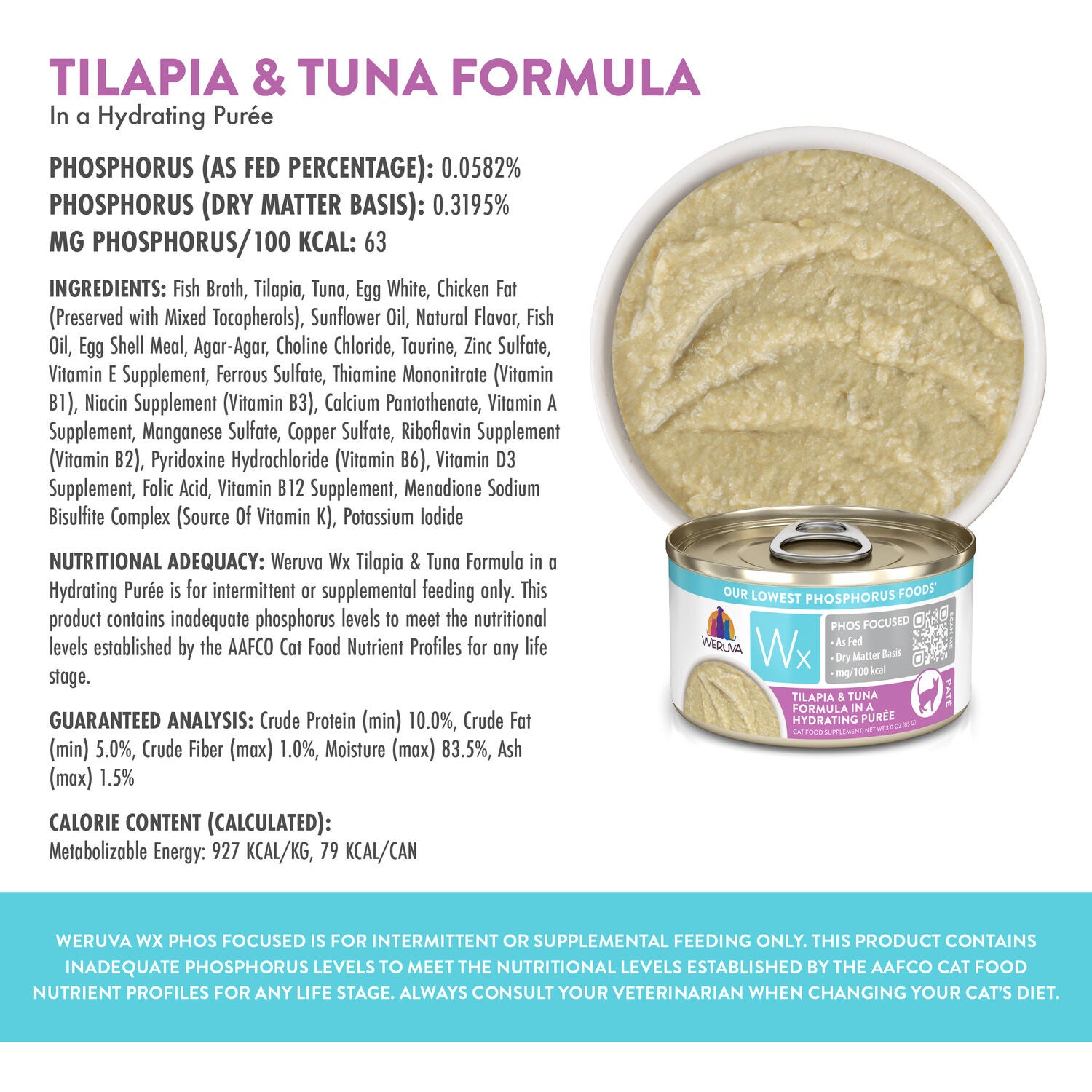 Weruva Wx Phos Focused Tilapia & Tuna Formula In A Hydrating Pur&eacute;e Wet Cat Food, 3-Oz Can Pack Of 12