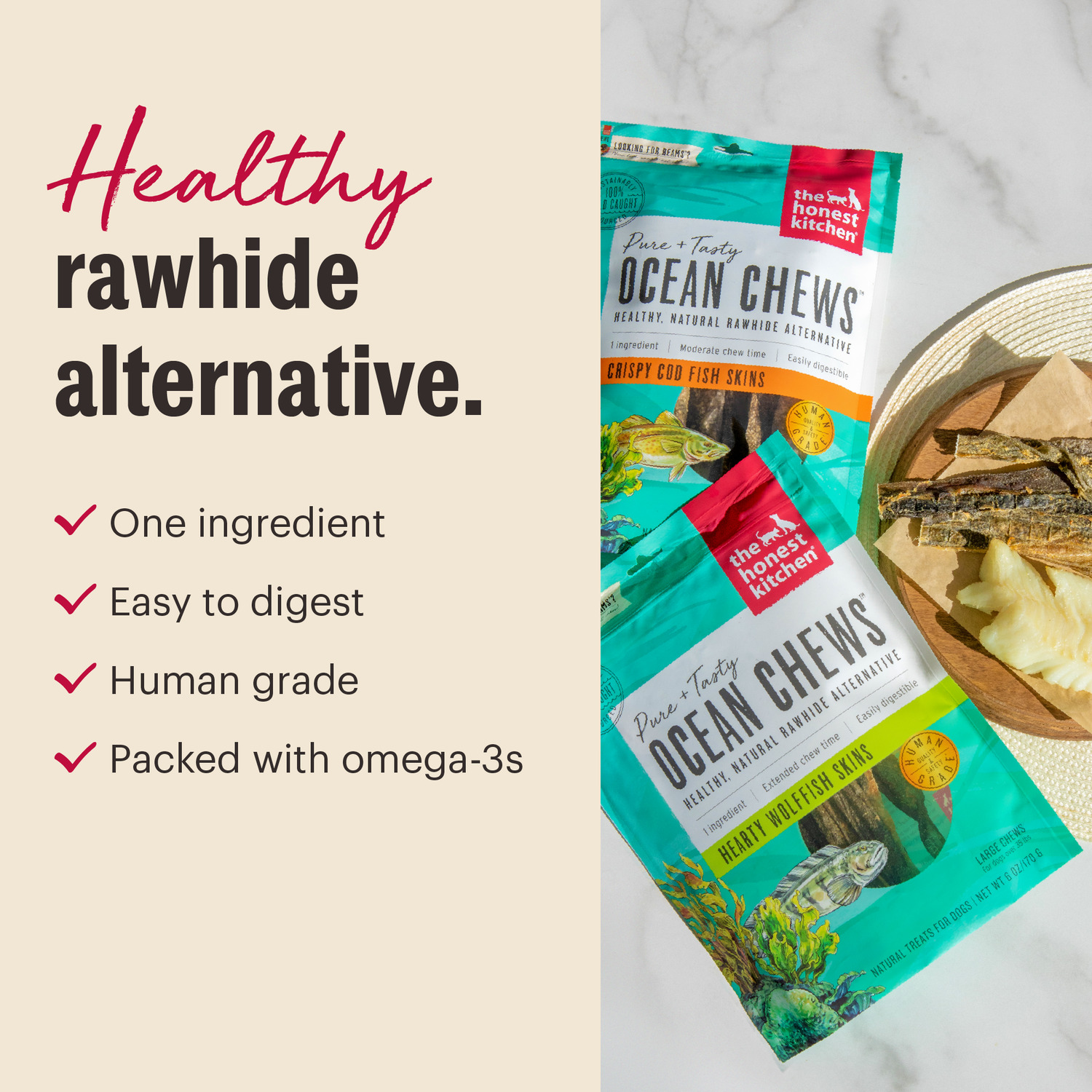The Honest Kitchen Ocean Chews Hearty Wolffish Skins Rawhide Alternative Dog Treats, 6-Oz