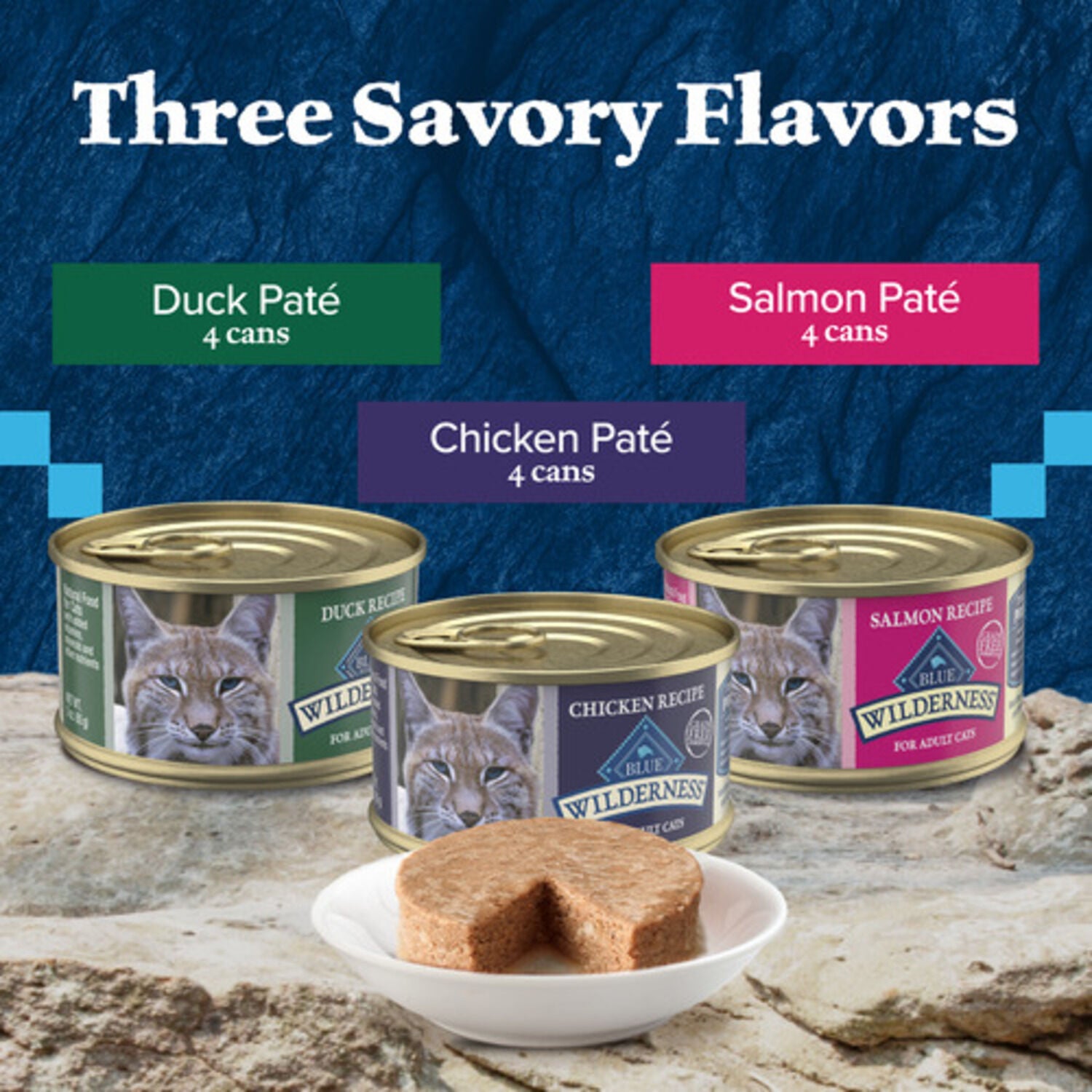 Blue Buffalo Wilderness Wet Cat Food, Chicken, Salmon & Duck Pate Variety Pack, 3-Oz Pouch - Pack Of 12