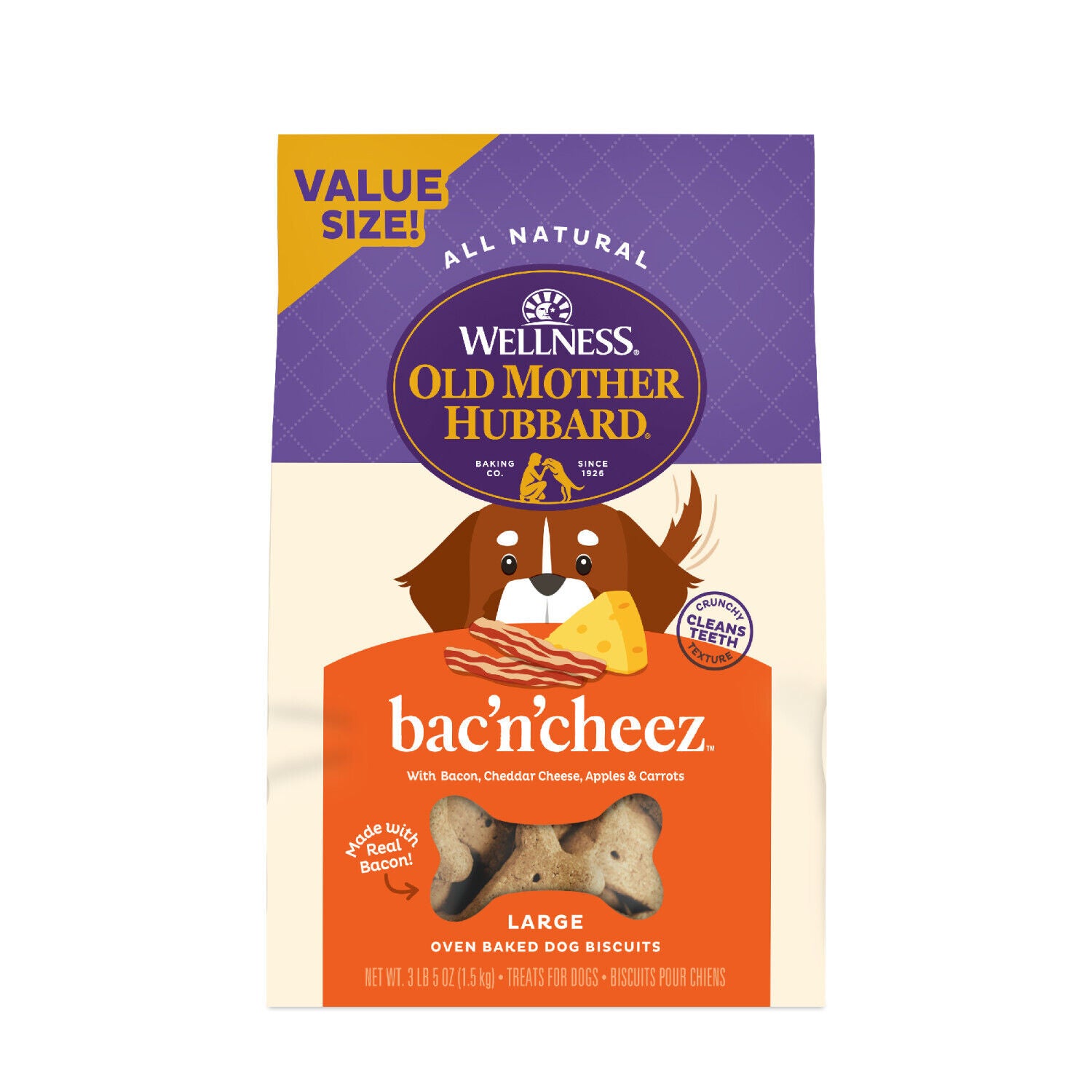 Wellness Old Mother Hubbard Bac'n'cheez Dog Biscuits, Training Treats, Bacon & Cheese Flavor, Large Size, 3.3 Pound Bag