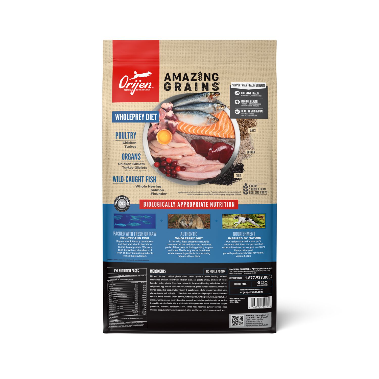 Orijen Amazing Grains Original High-Protein Dry Dog Food, 22.5-Lb Bag