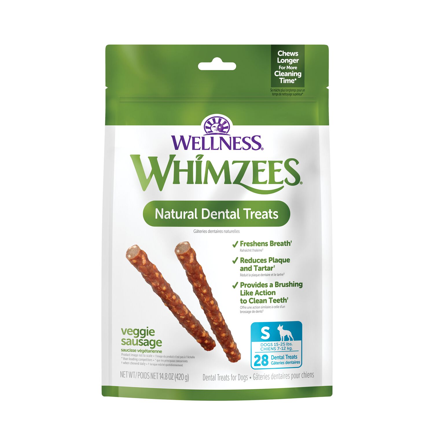 Whimzees Veggie Sausage Natural Grain-Free Dental Dog Treat, Small, 28 Count