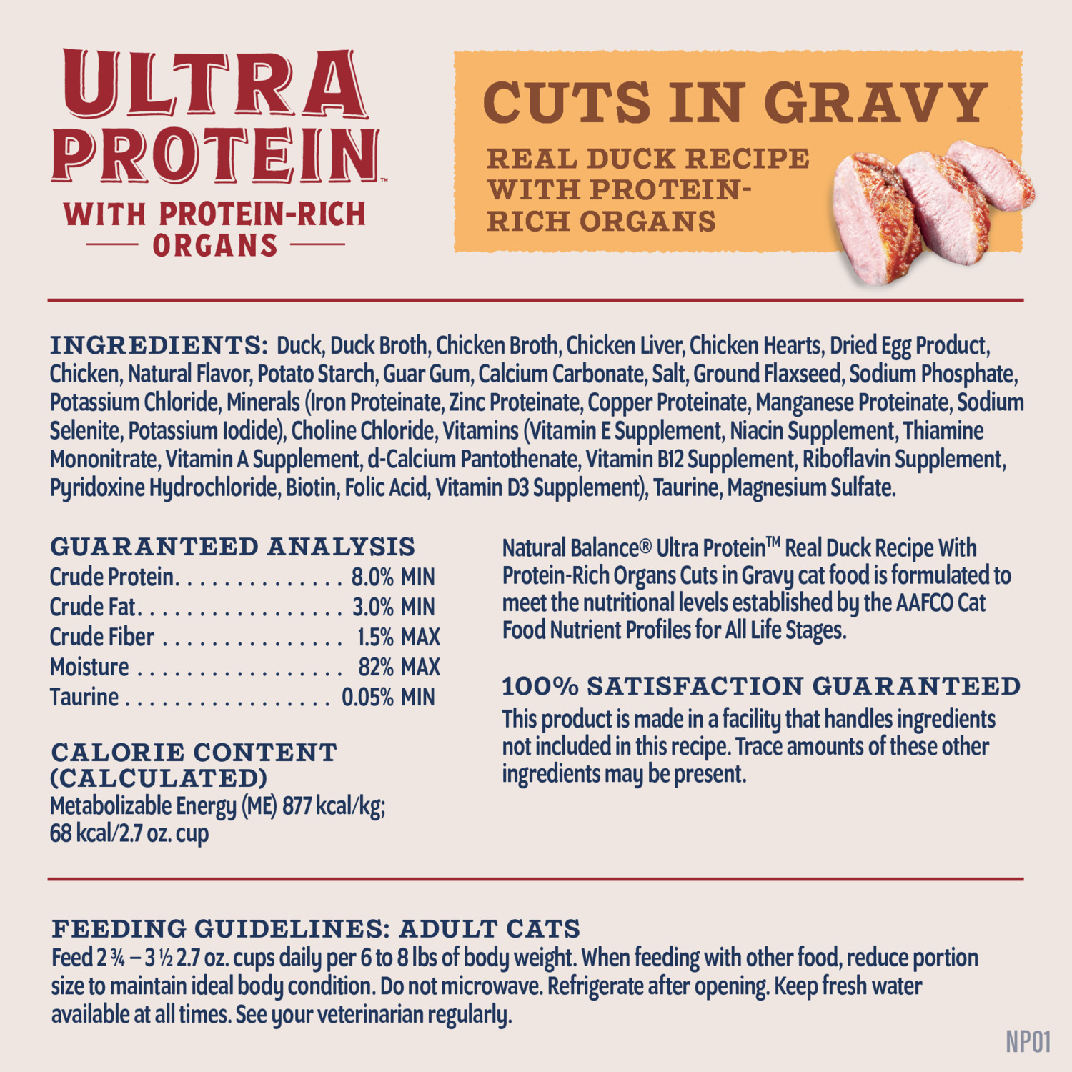 Natural Balance Ultra Protein Wet Cat Food, Real Duck Recipe With Protein-Rich Organs Cuts In Gravy, 2.7-Oz.