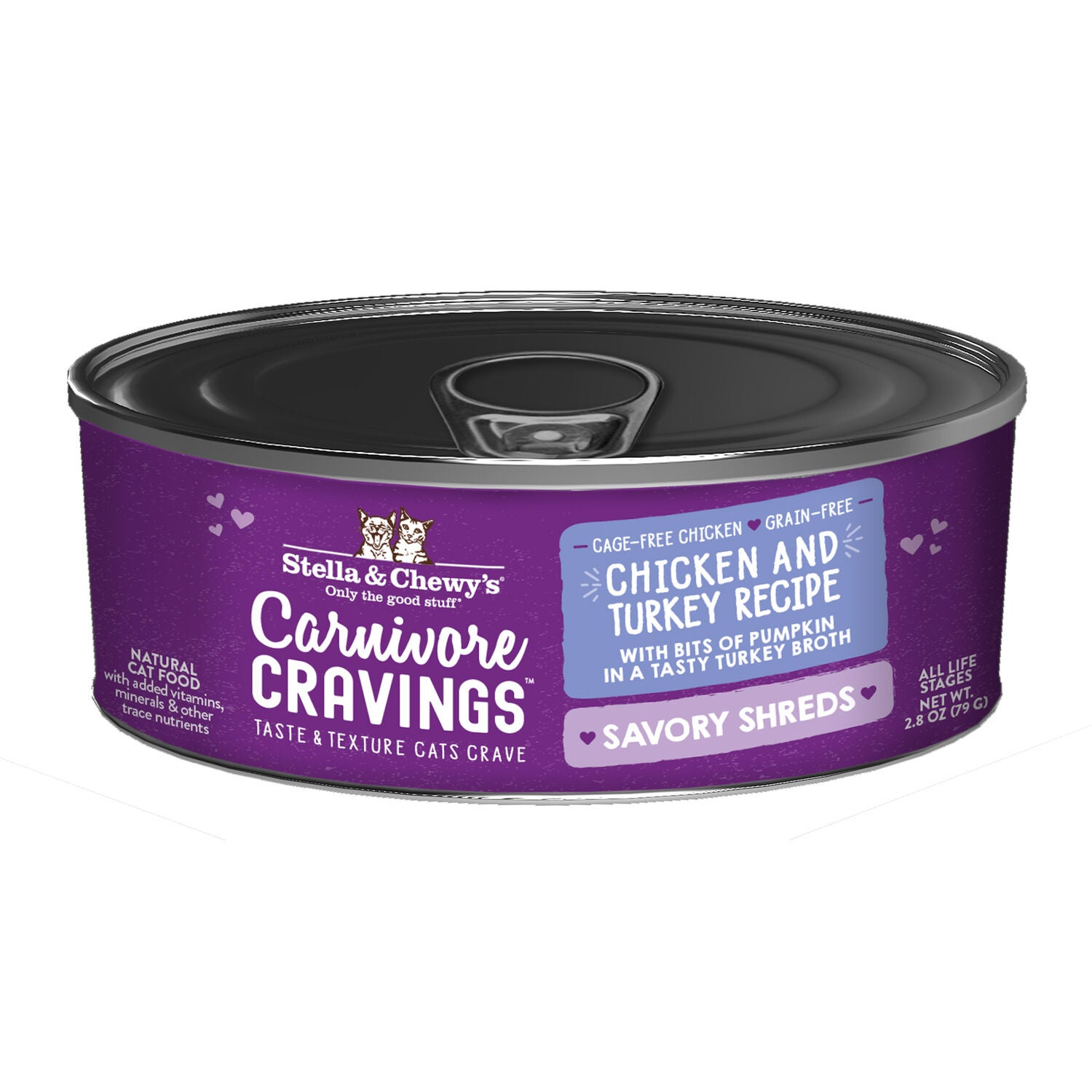 Stella & Chewy's Carnivore Cravings Savory Shreds Wet Cat Food, Chicken & Turkey Dinner In Broth, 2.8-Oz Can