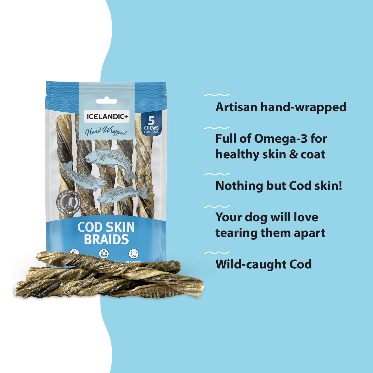 Icelandic+ Hand Wrapped Cod Skin Braids Limited Ingredient Dog Treats, 4.1-Oz, 5-Pack