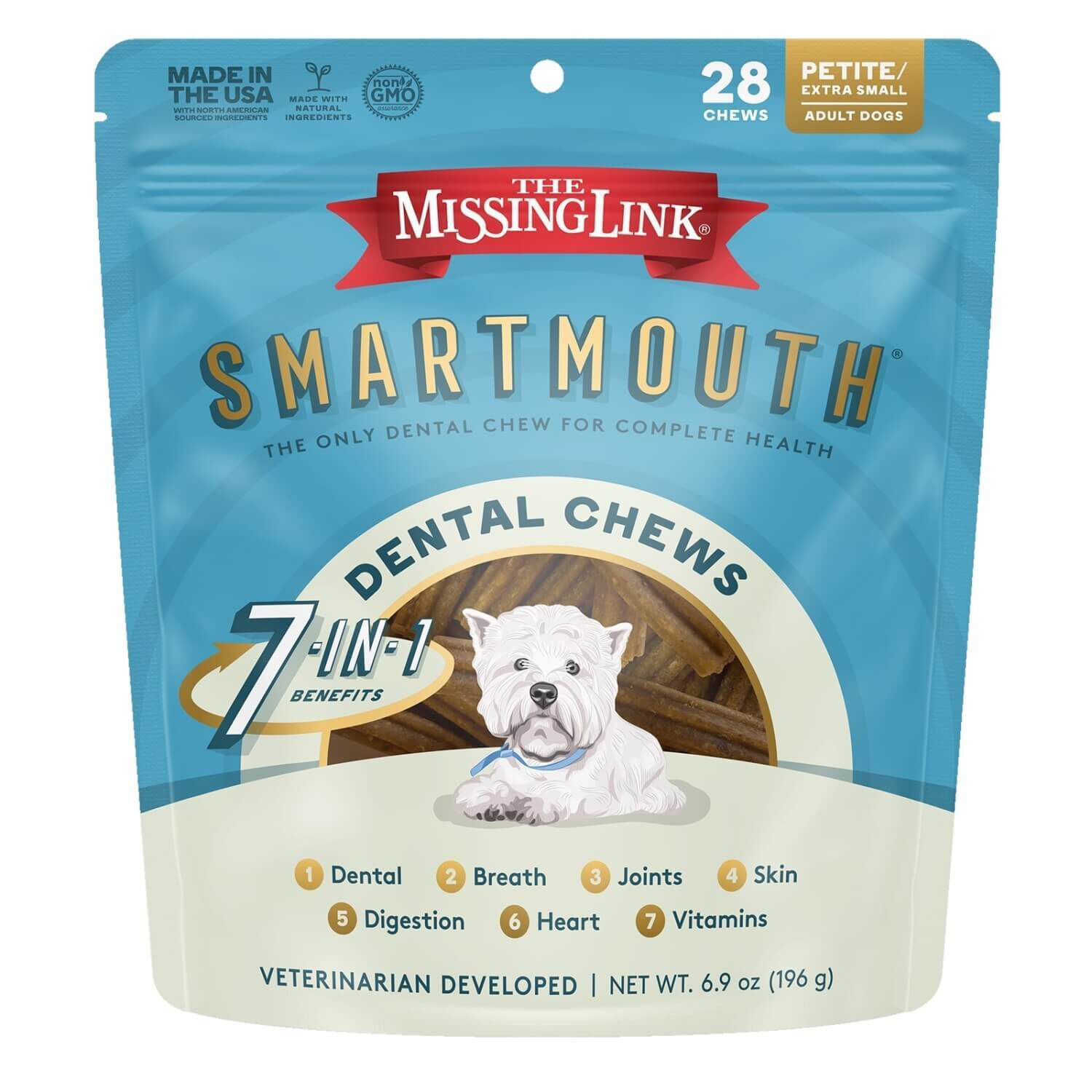 The Missing Link Smartmouth 7-In-1 Dental Chew Dog Treats For Petite/Extra Small Dogs