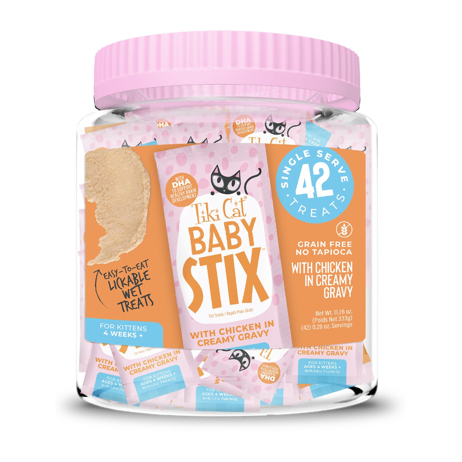 Tiki Cat Baby Stix Lickable Cat Treats, Chicken In Creamy Gravy, 42 0.28-Oz. Sachets Jar