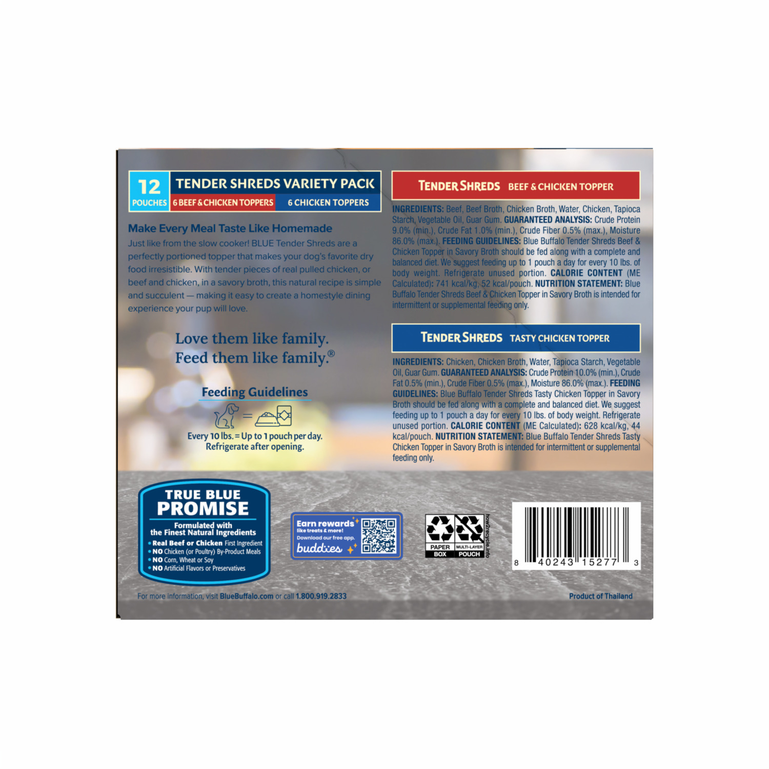 Blue Buffalo Tender Shreds Tasty Wet Dog Food Topper Variety Pack - Chicken + Beef & Chicken Flavors, 2.5-Oz Pouch, 12-Count Variety Pack