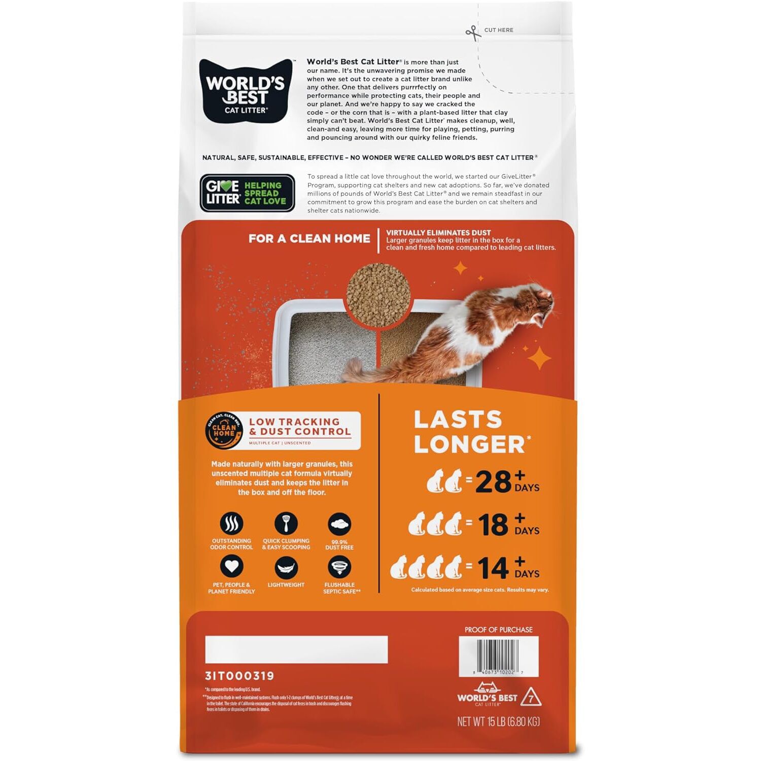 World's Best Low-Tracking & Dust Control Multi-Cat Unscented Cat Litter, 28-Lbs
