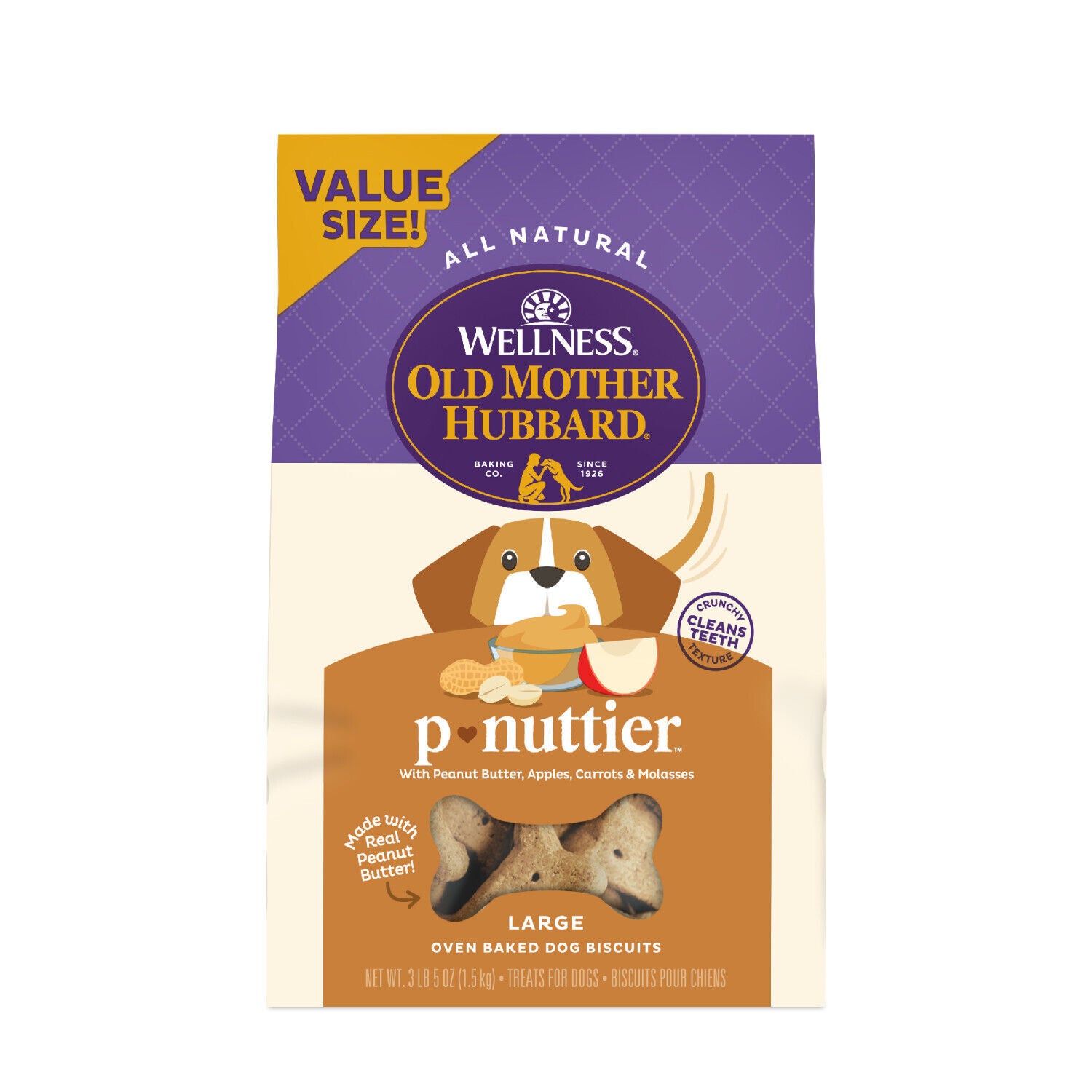 Wellness Old Mother Hubbard P-Nuttier Dog Biscuits, Natural, Training Treats, Peanut Butter Flavor, Large Size, 3.3 Pound Bag