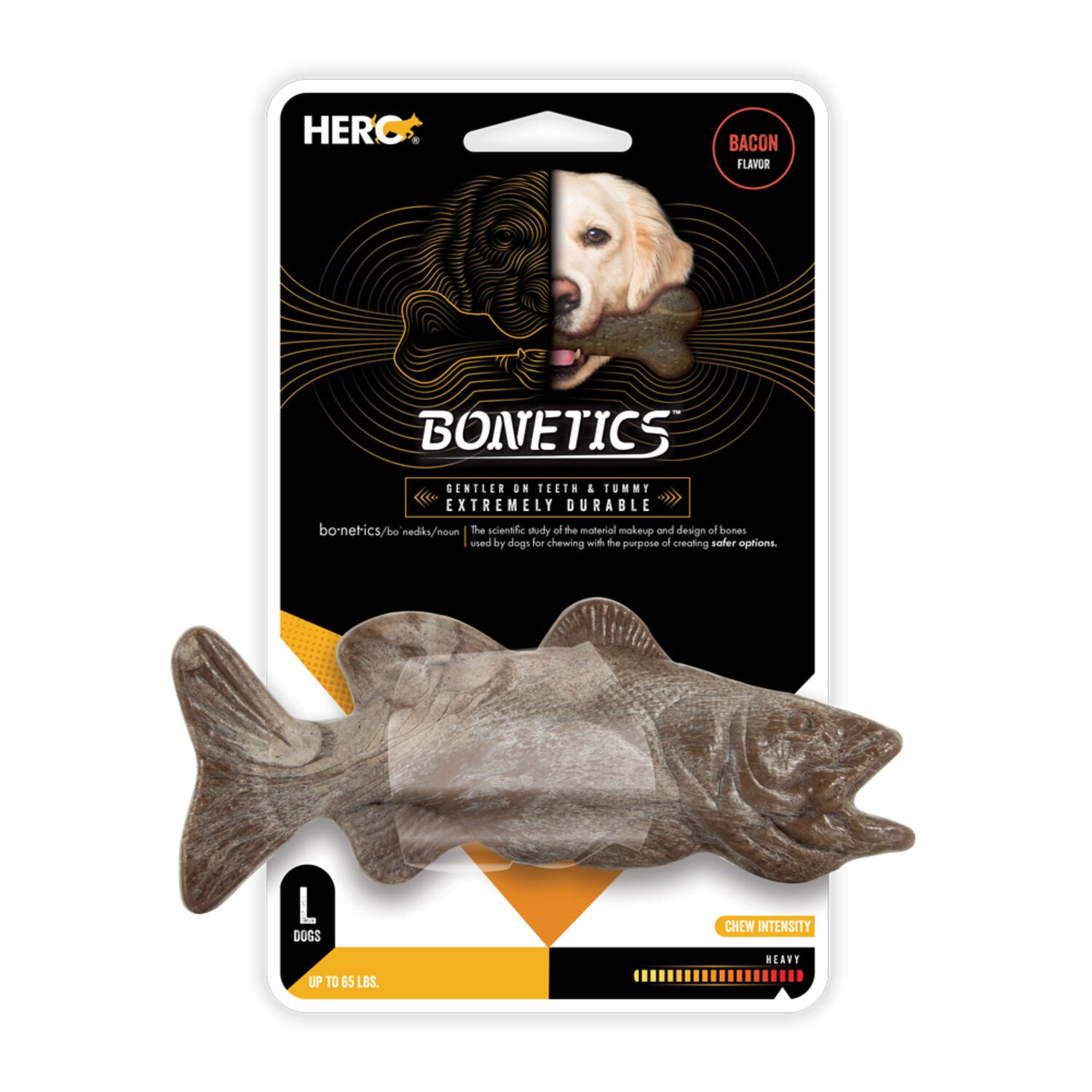 Hero Bonetics Grouper Fish Durable Dog Chew Toy, 7.5"-Large, Bacon Flavor