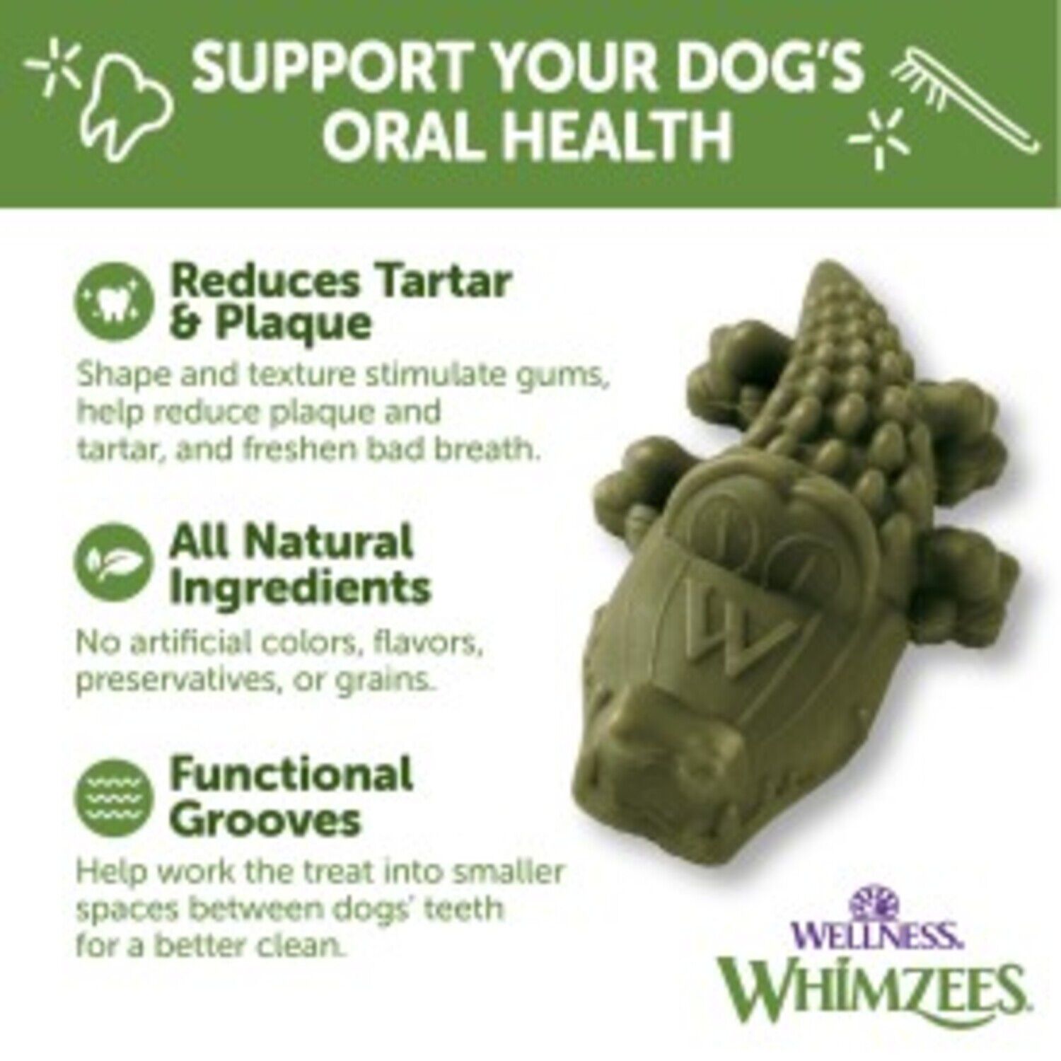 Whimzees Alligator Natural Grain Free Dental Chews For Dogs, Medium, 12 Count