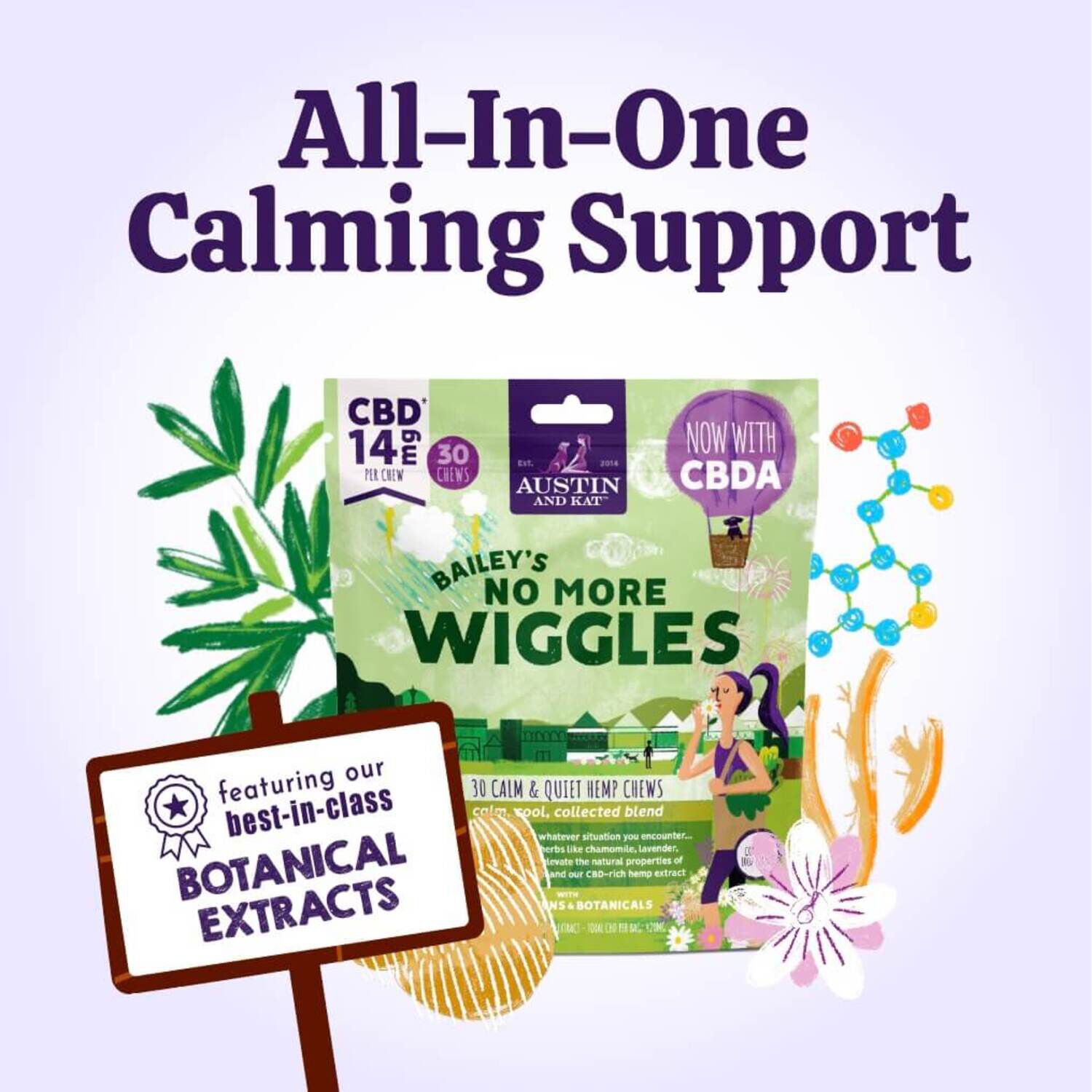 Austin & Kat Bailey's No More Wiggles Calm & Quiet 14Mg Cbd Soft Chew Dog Supplements, 30-Ct