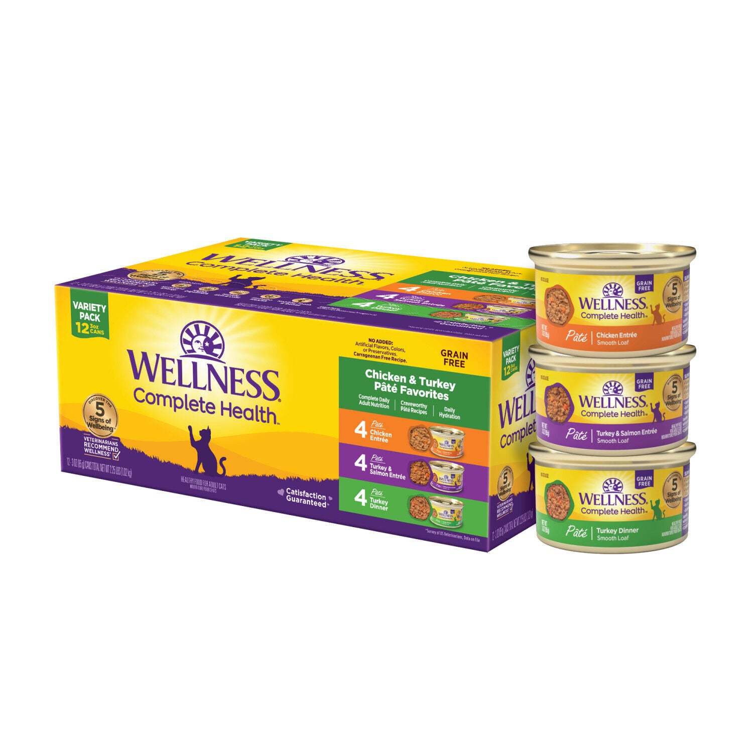 Wellness Complete Health Pate Adult Wet Cat Food, Natural, Protein-Rich, Grain-Free Chicken & Turkey Favorites Variety Pack, 3-Oz Pack Of 12