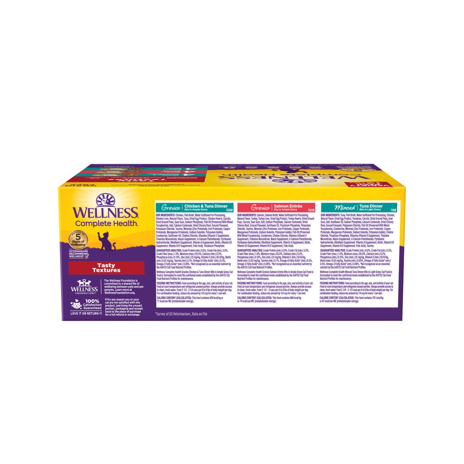 Wellness Complete Health Tasty Textures Adult Wet Cat Food, Natural, Protein-Rich, Grain-Free Salmon, Tuna, And Chicken Variety Pack, 3-Oz Pack Of 12