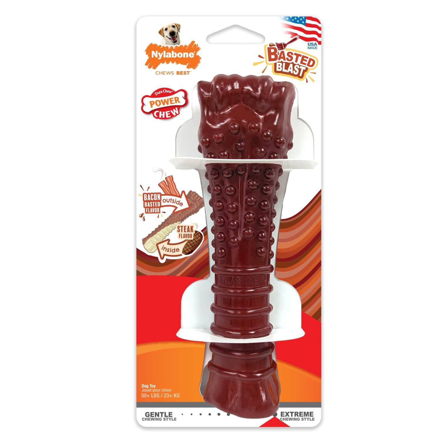 Nylabone Power Chew Basted Blast Dual Flavored Dog Chew Toy - Bacon & Steak Flavors