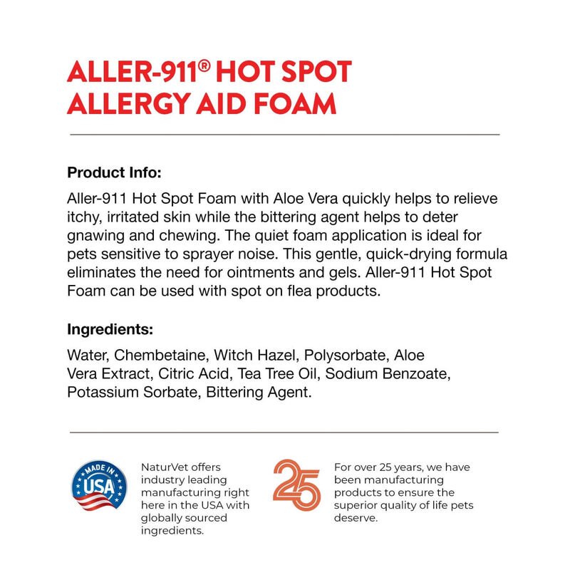 Natur Vet Aller 911 Hot Spot Foam For Dogs & Cats, Allergy Aid Plus Aloe Vera