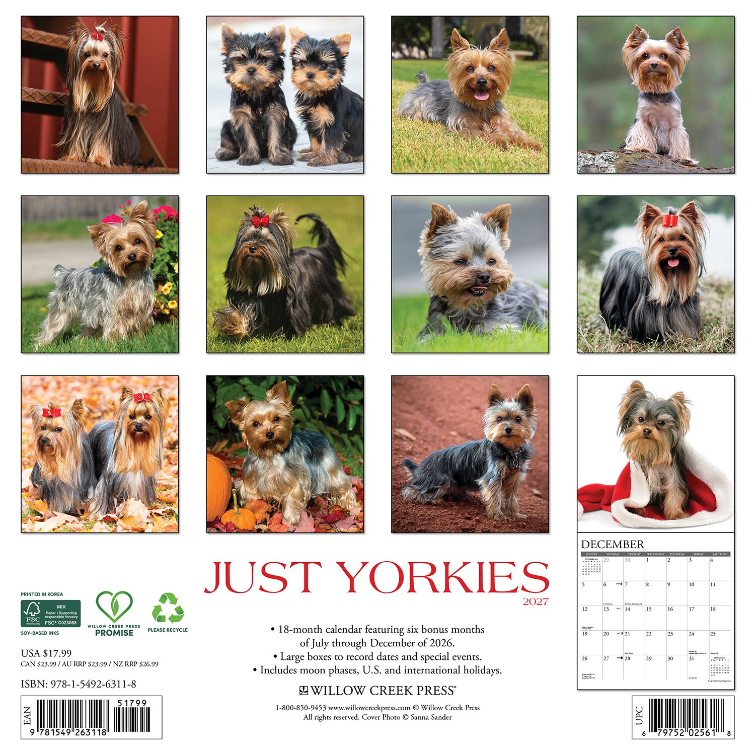 Willow Creek Press Just Yorkies 2027 Wall Calendar