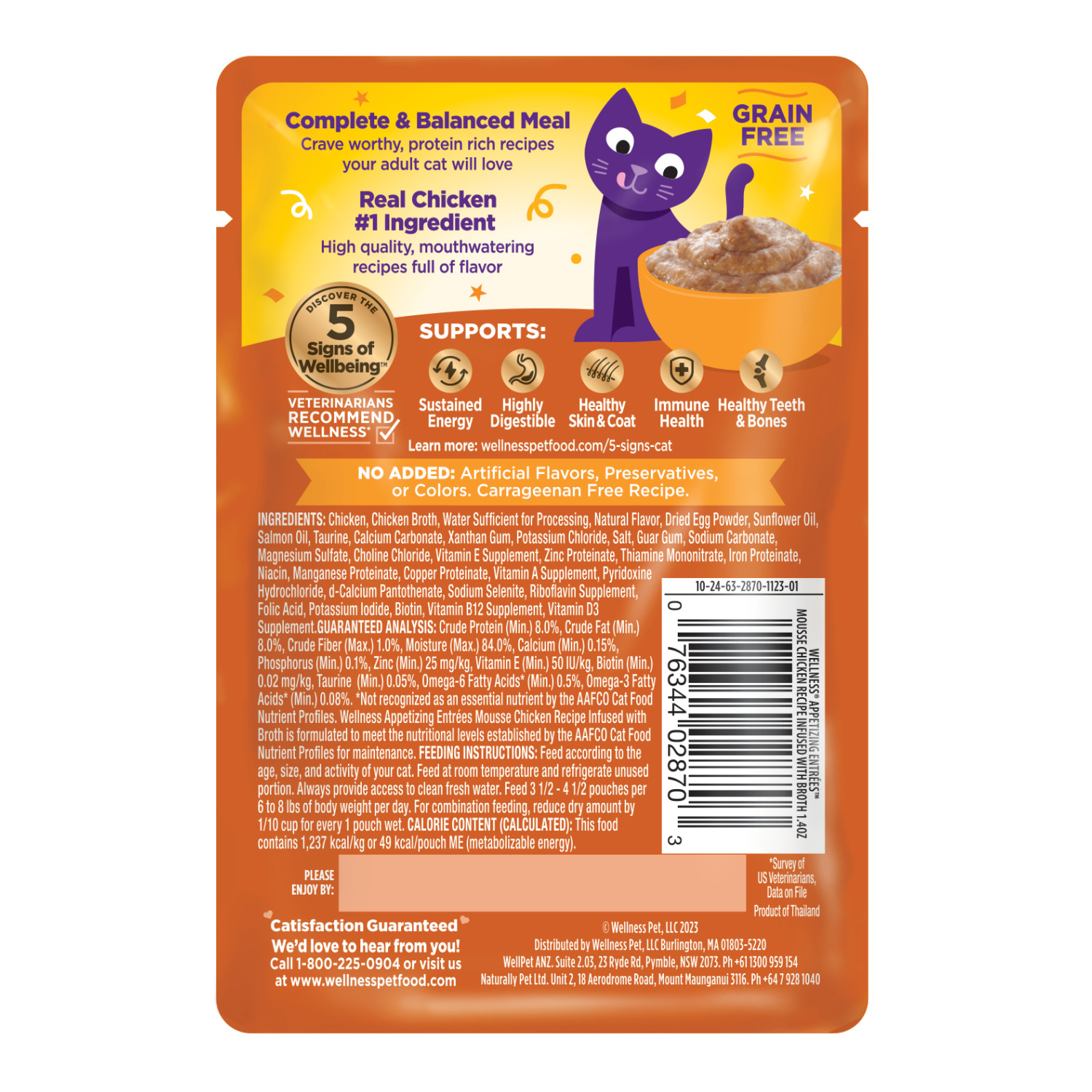 Wellness Appetizing Entr&eacute;es Mousse Adult Wet Cat Food, Natural, Protein-Rich, Grain Free, 1.4 Ounce Pouch Pack Of 8, Chicken Recipe