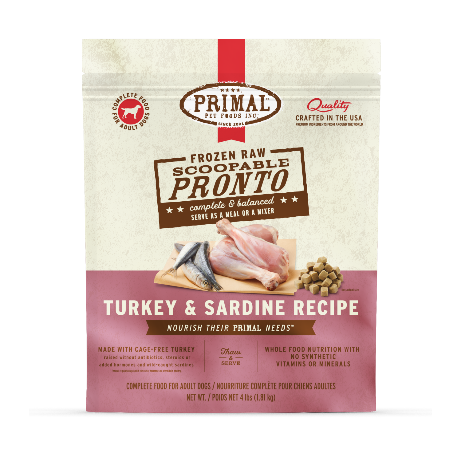 Primal Pronto Frozen Raw Turkey & Sardine Formula Dog Food, 4-Lb Bag