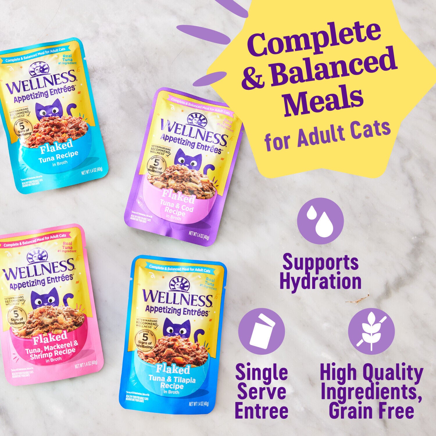 Wellness Appetizing Entrees Flaked Adult Wet Cat Food, Natural, Protein-Rich, Grain-Free, 1.4-Oz Pouch 8-Pack, Seafood Variety Pack