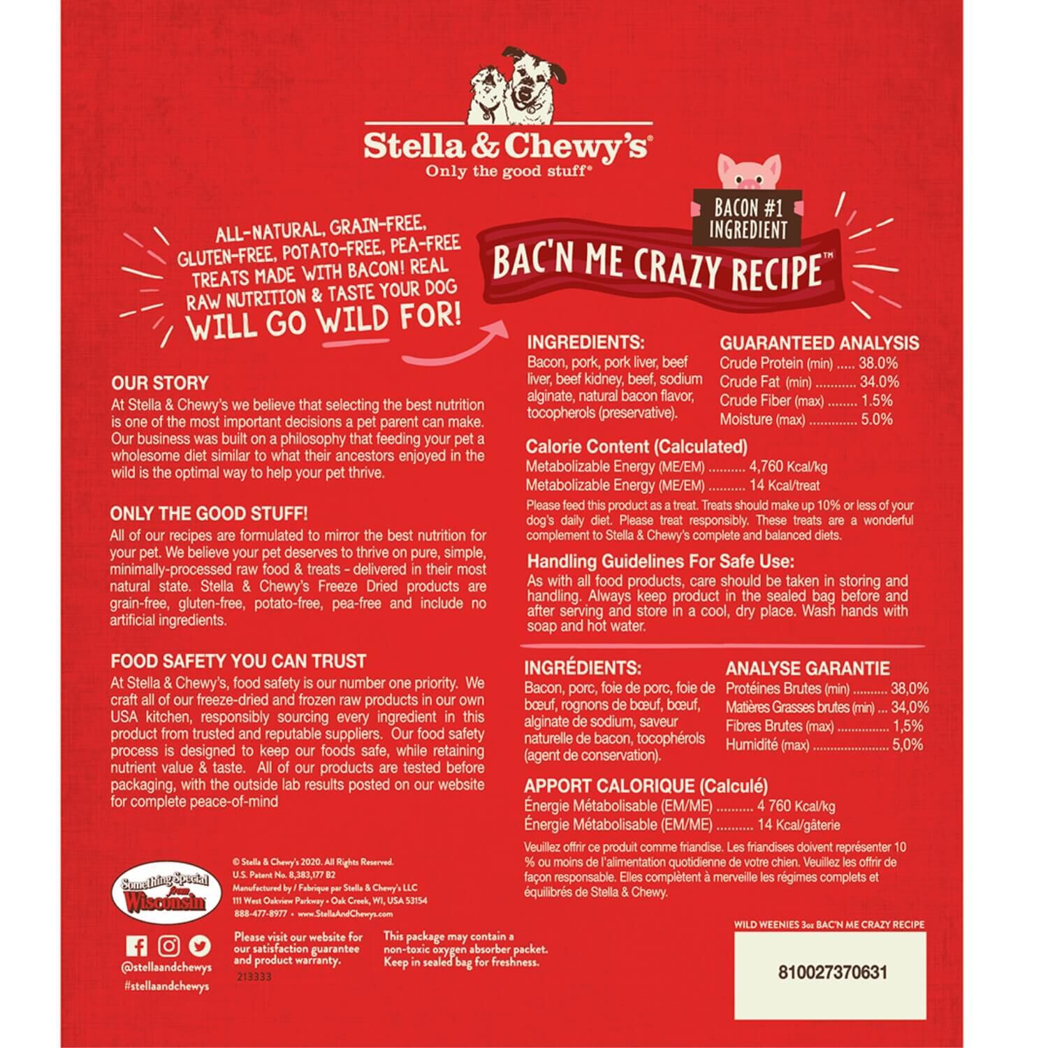 Stella & Chewy's Wild Weenies Bac'n Me Crazy Recipe Freeze-Dried Dog Treats, 3-Oz Bag