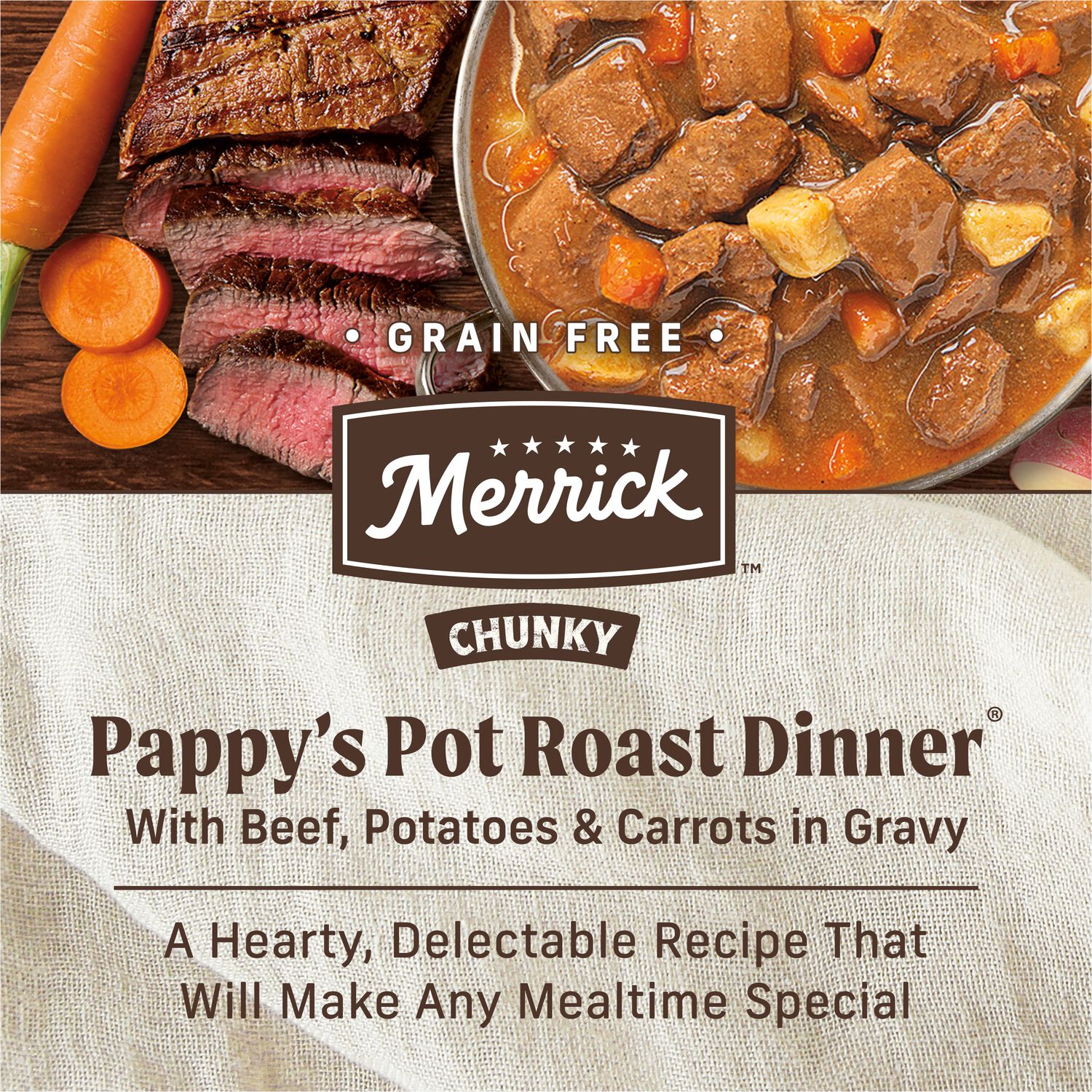 Merrick Chunky Grain-Free Premium And Wholesome Canned Dog Food, Real Meat Pappy&rsquo;S Pot Roast Dinner In Gravy  Recipe, 12.7-Oz Can Pack Of 12