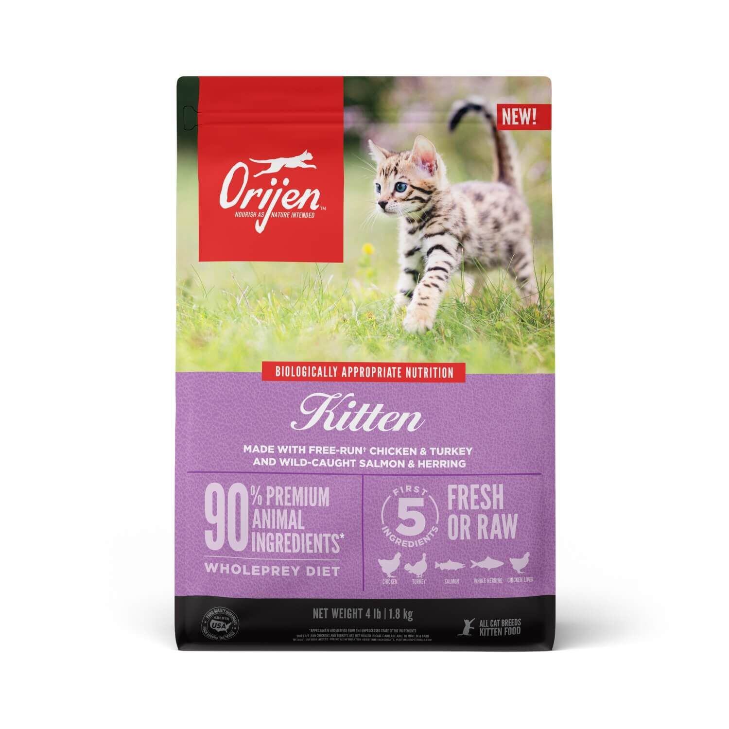 Orijen Grain Free, Premium, High Protein, Fresh & Raw Animal Ingredients Dry Cat Food For Kitten, 4Lb