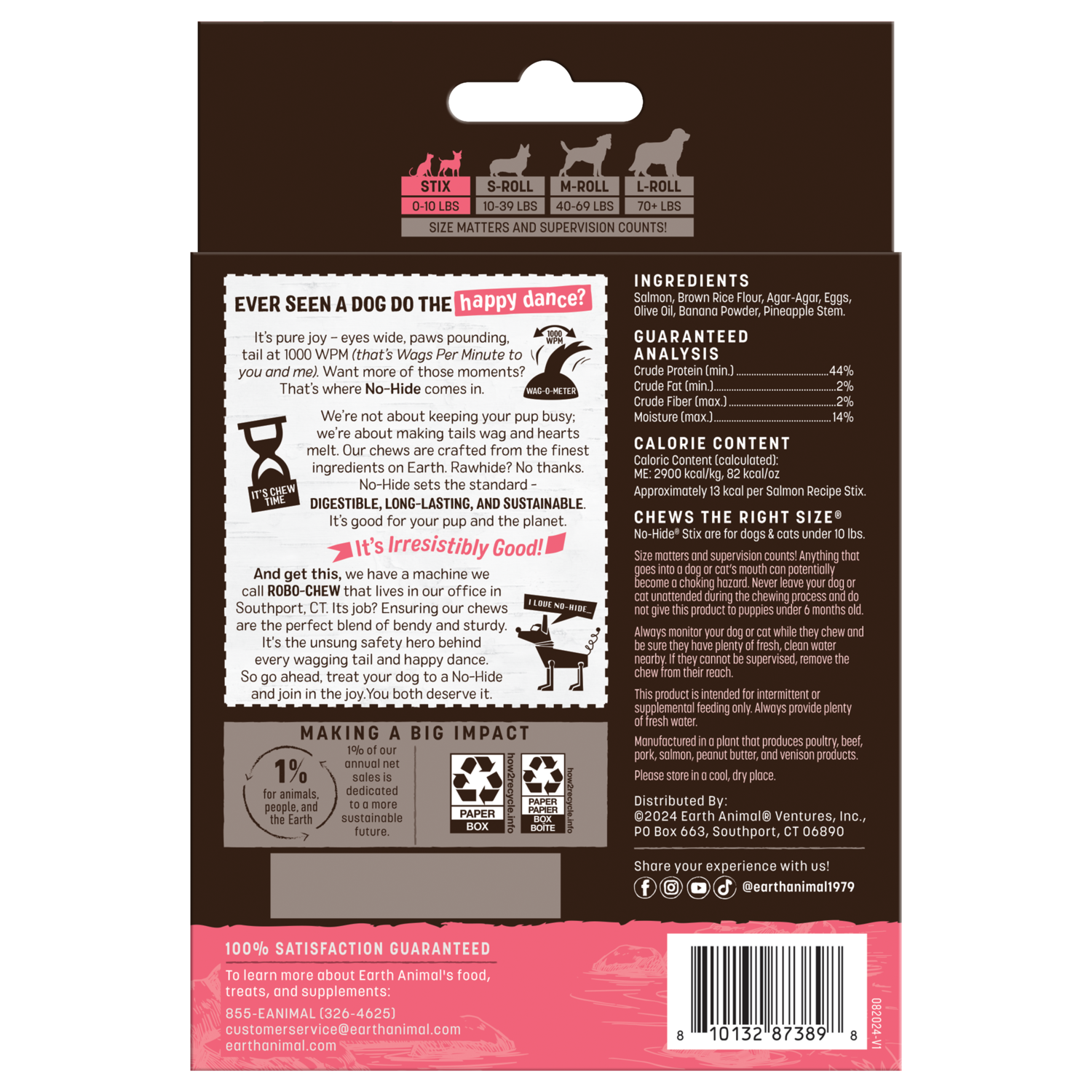 Earth Animal No-Hide Rawhide Alternative Dog & Cat Treat Stix, Wild Caught Salmon, 10 Pack
