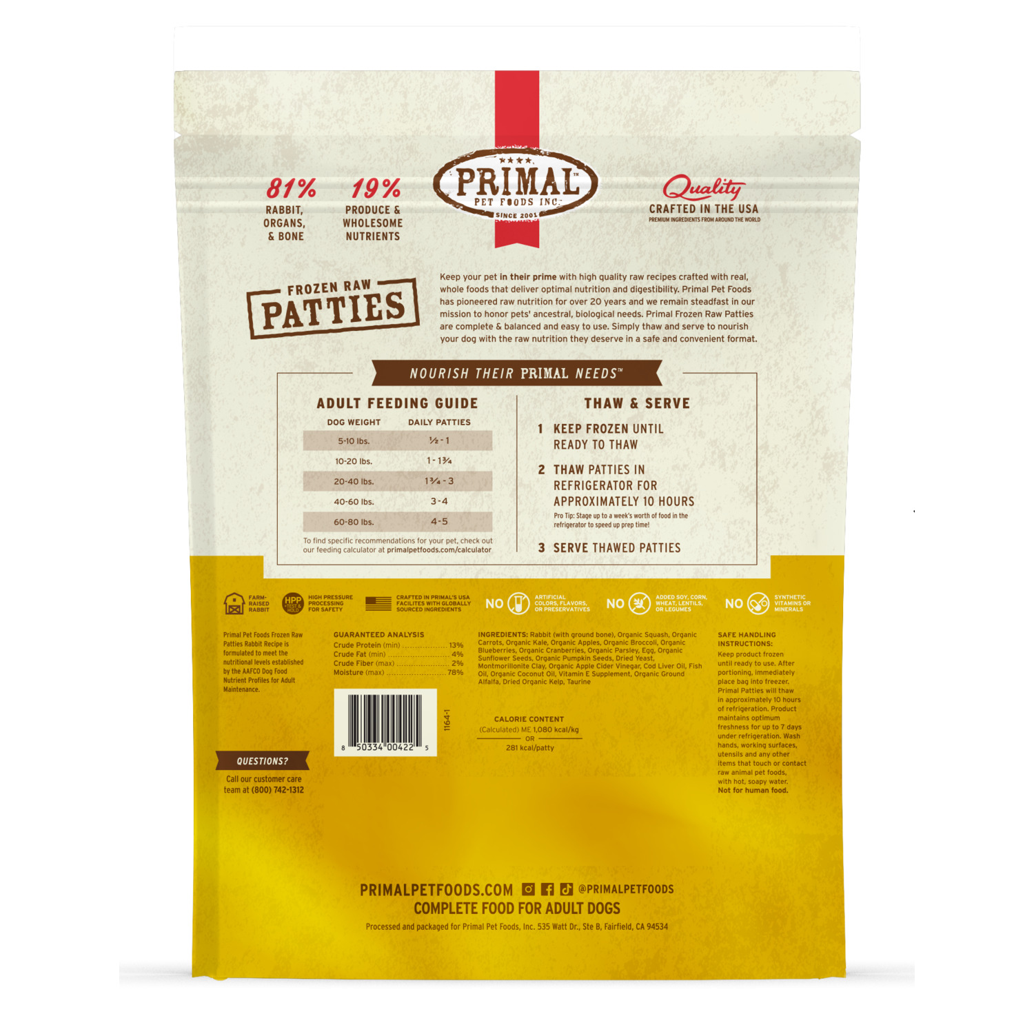 Primal Raw Patties Frozen Dog Food, Rabbit - 6Lb
