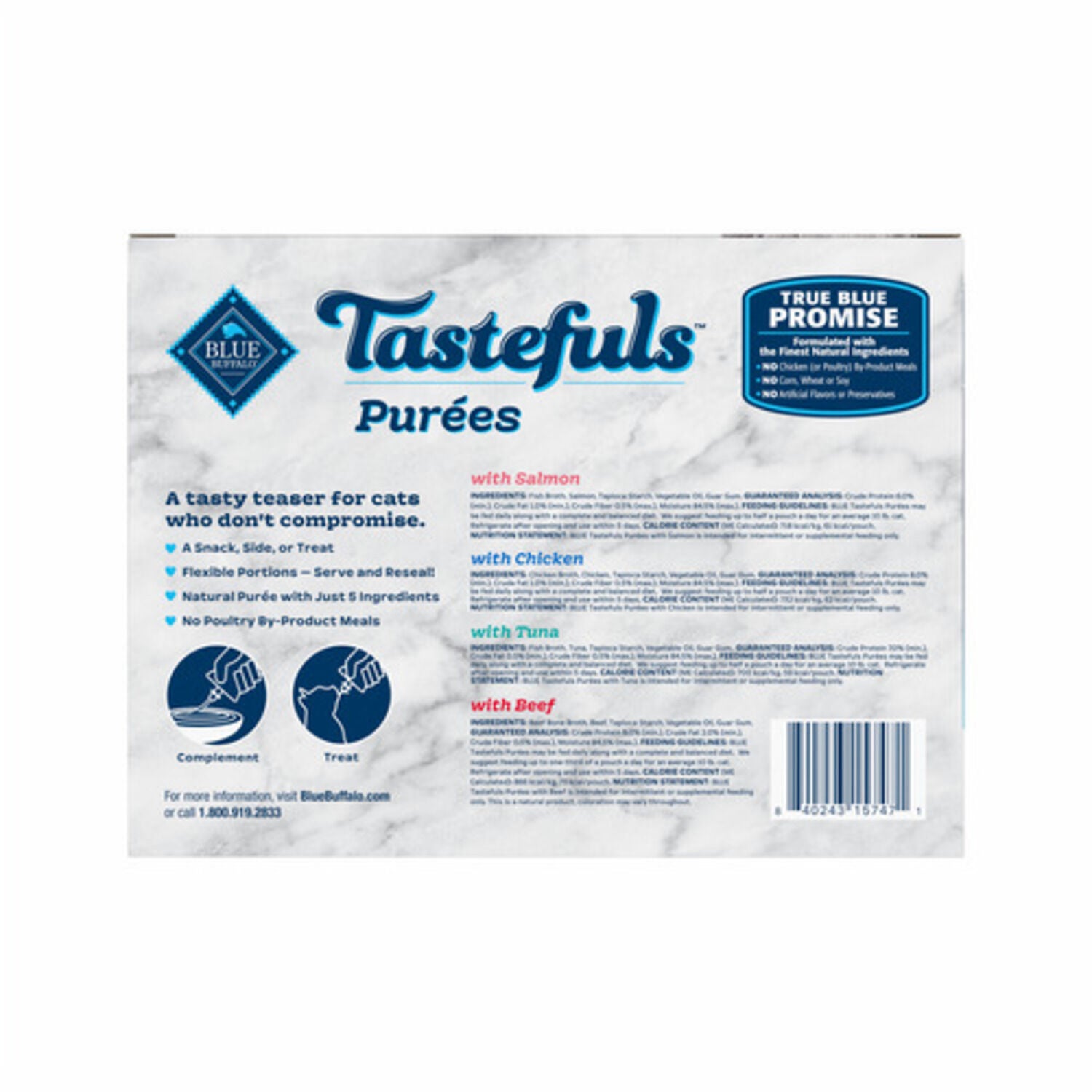 Blue Buffalo Tastefuls Pur&eacute;es Wet Cat Food, Chicken, Salmon, Tuna & Beef Variety Pack, 3-Oz-Pouch Pack Of 12
