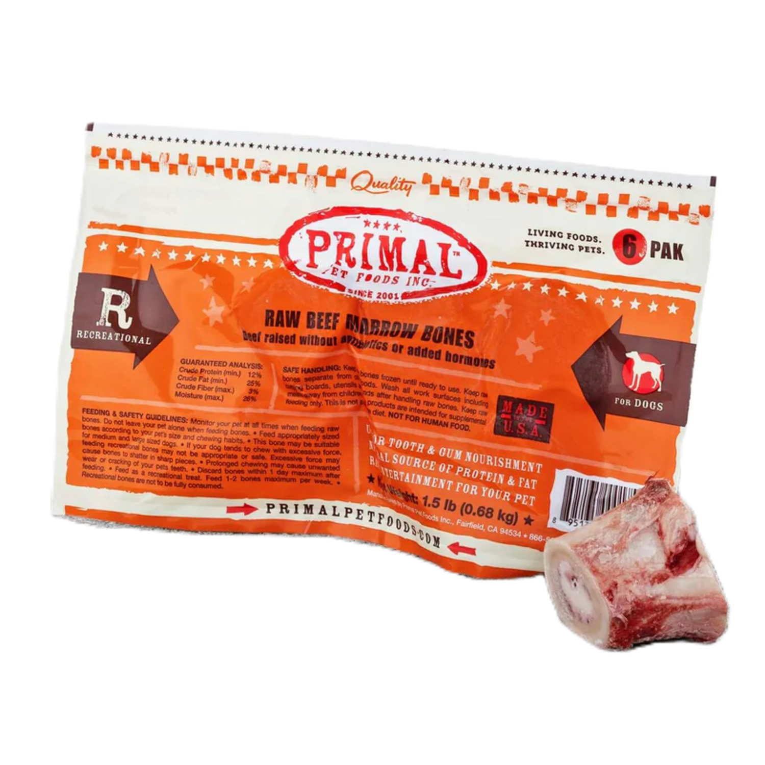Primal Raw Recreational Bones Frozen Dog Treat, Beef Marrow