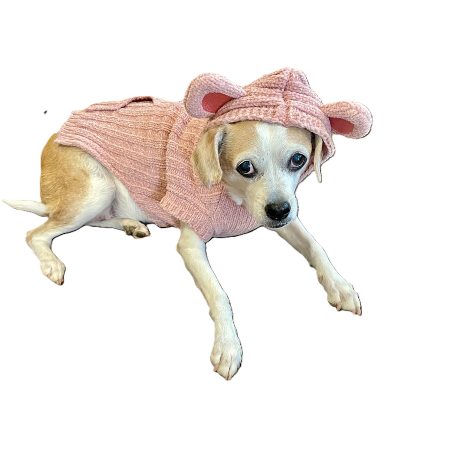 Fabdog Pink Teddy Bear Chenille Hooded Dog Sweater, Extra Small