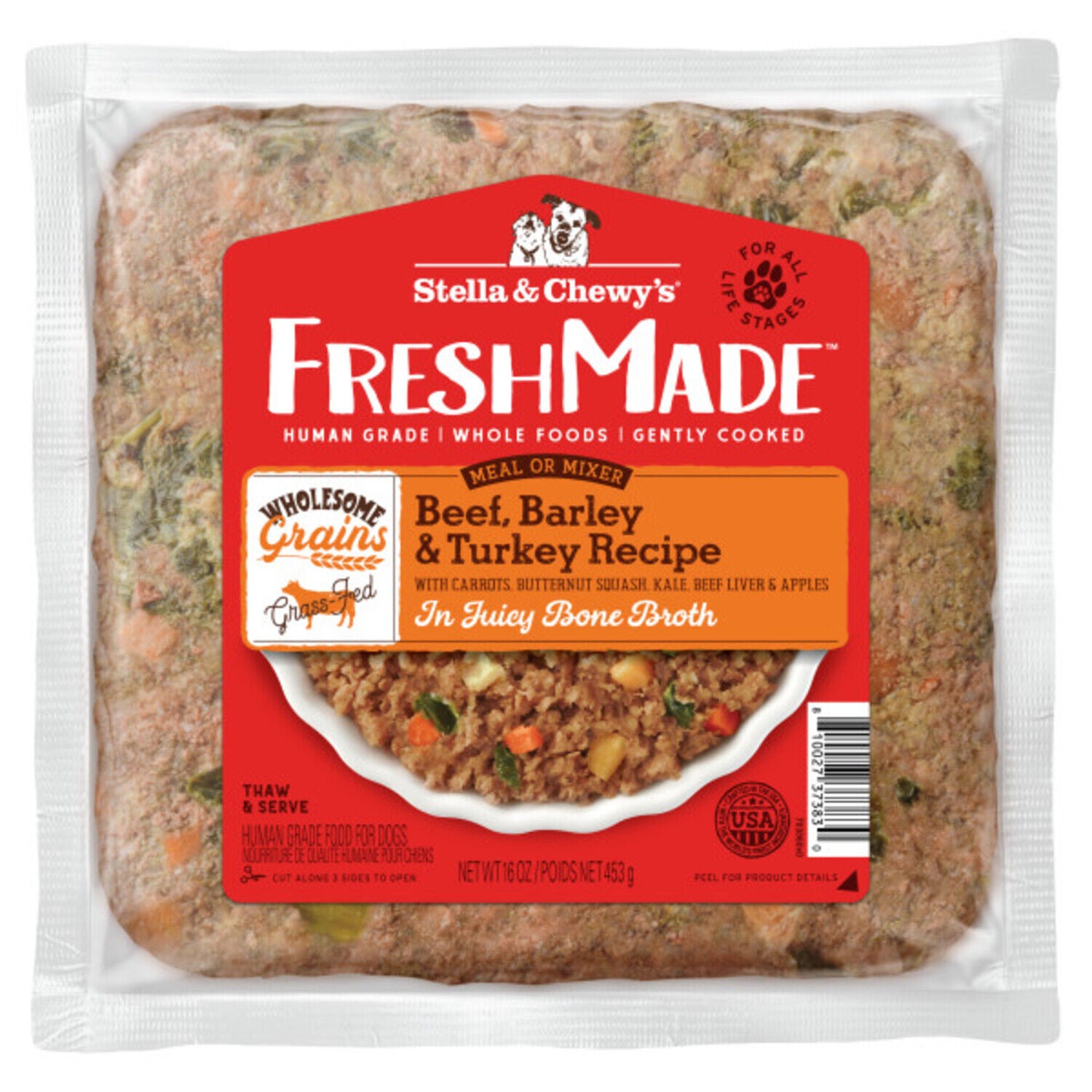 Stella & Chewy's Fresh Made Wholesome Grains Beef, Barley & Turkey Recipe Gently Cooked Frozen Dog Food, 16-Oz