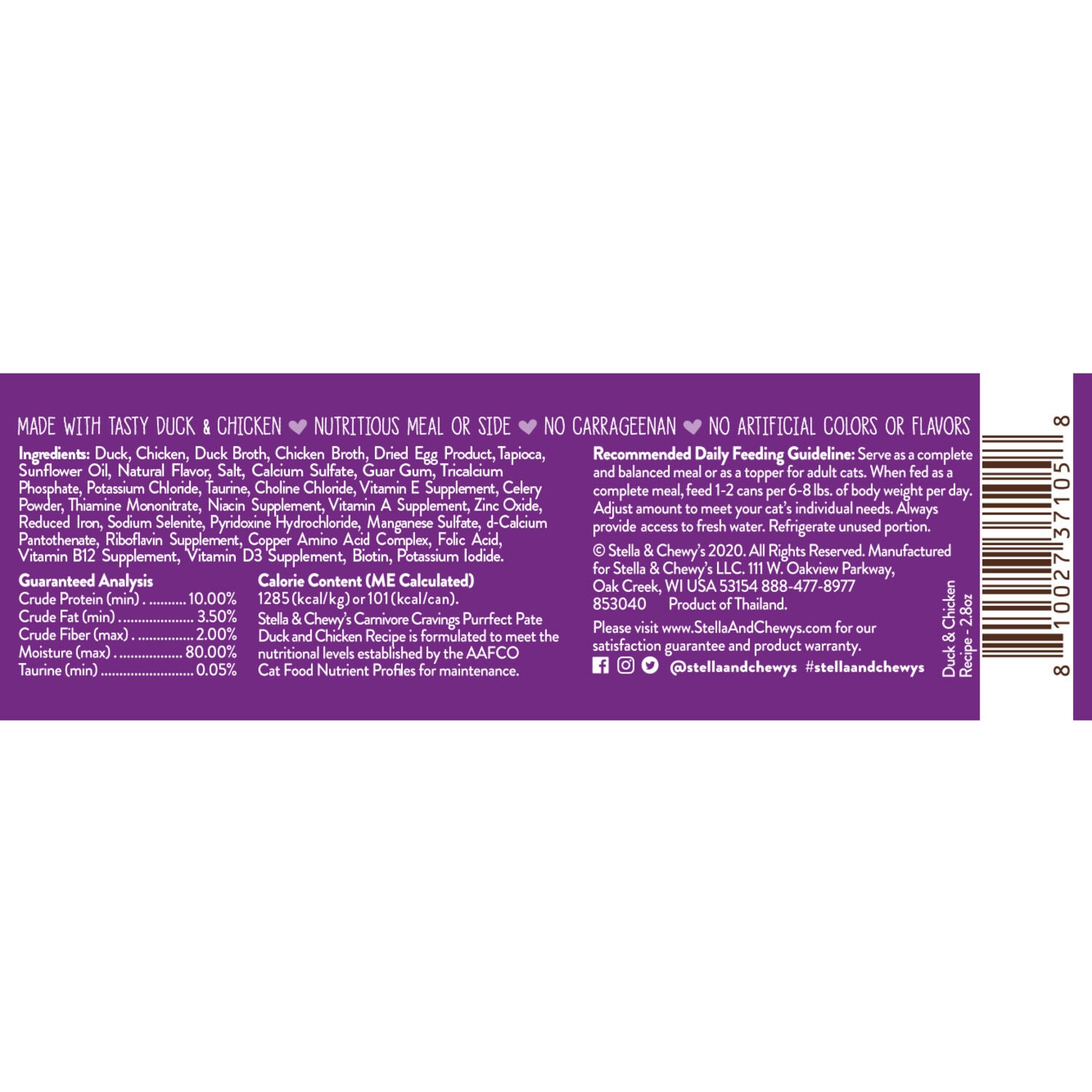 Stella & Chewy's Carnivore Cravings Purrfect Pate Wet Cat Food, Duck & Chicken Pate Recipe In Broth, 2.8-Oz Can