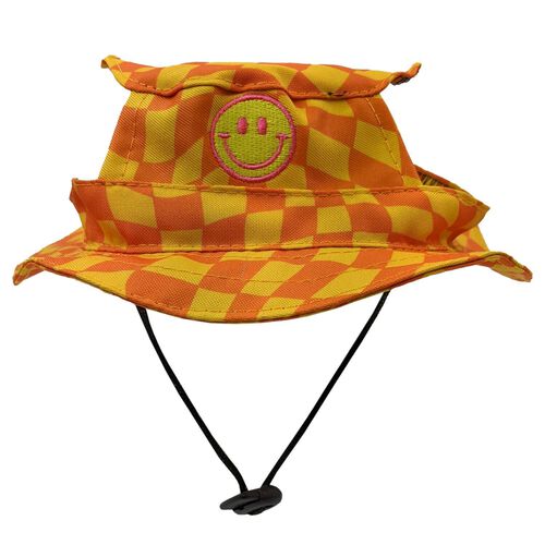 Unique Petz Dog Bucket Hat - Orange Plaid With Smiley Face