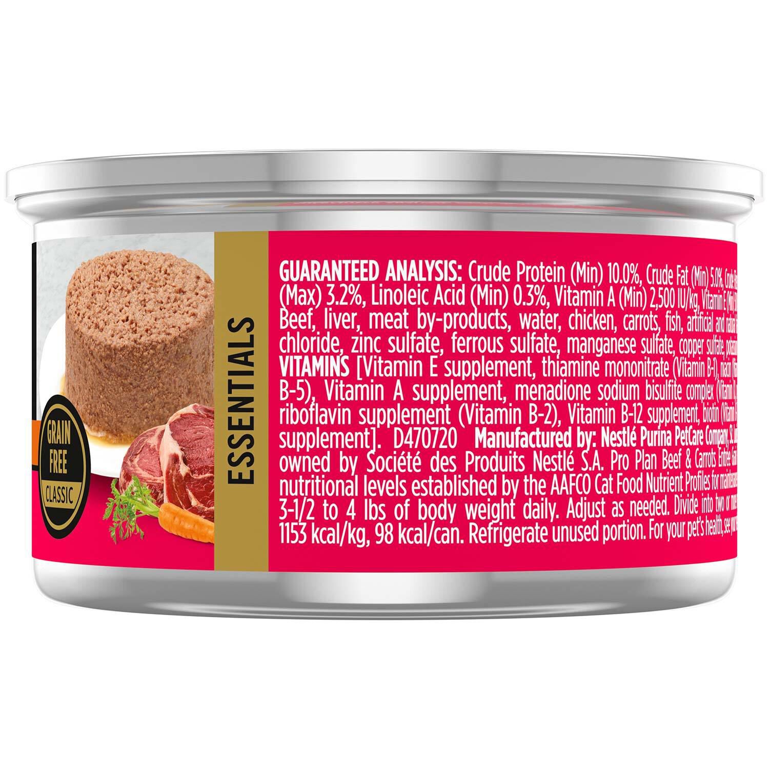 Purina Pro Plan Grain Free Classic Adult Beef & Carrots Entree Cat Food, 3-Oz Can Pack Of 24