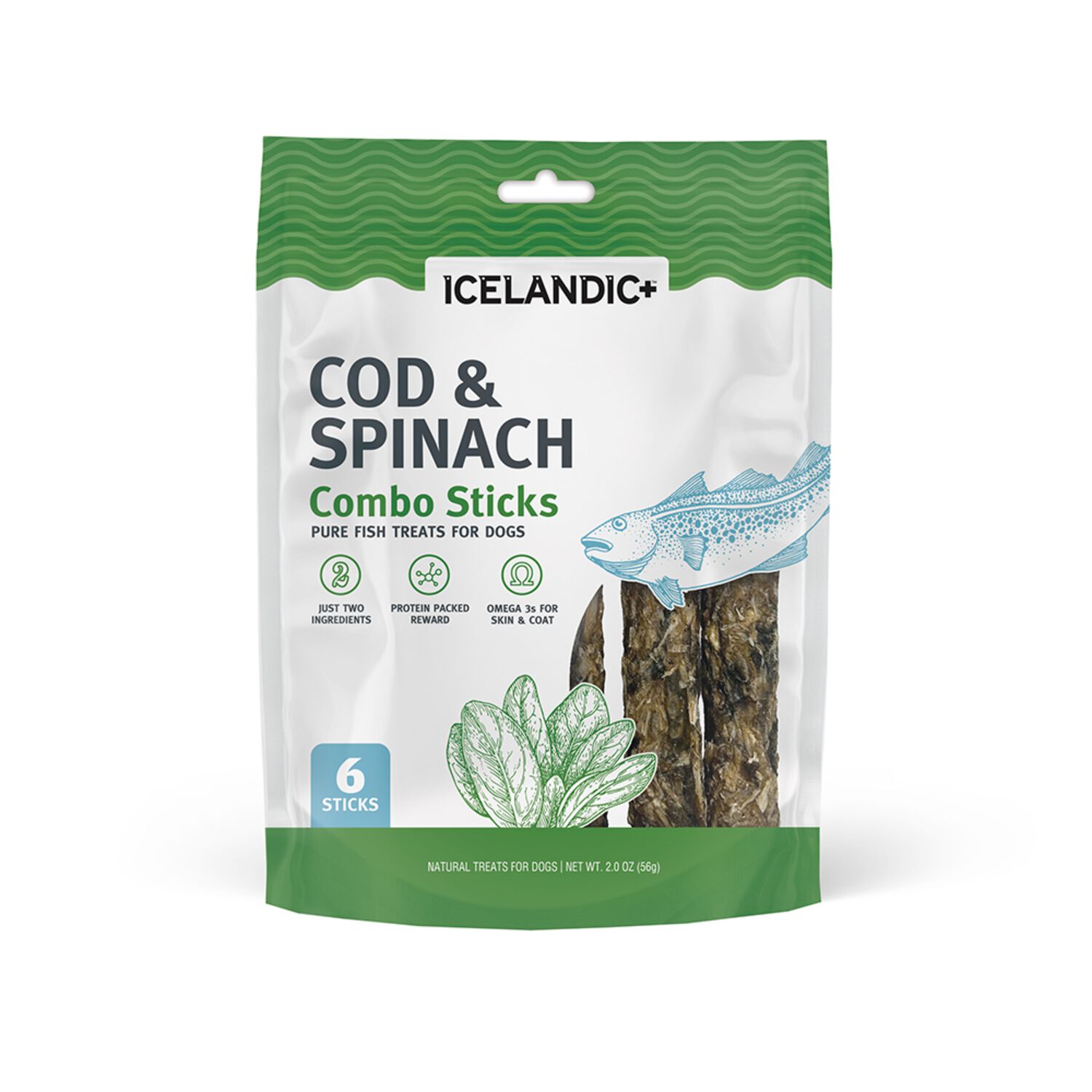 Icelandic+ Natural Cod & Spinach Combo Sticks Crunchy Dog Treats, 2-Oz Bag