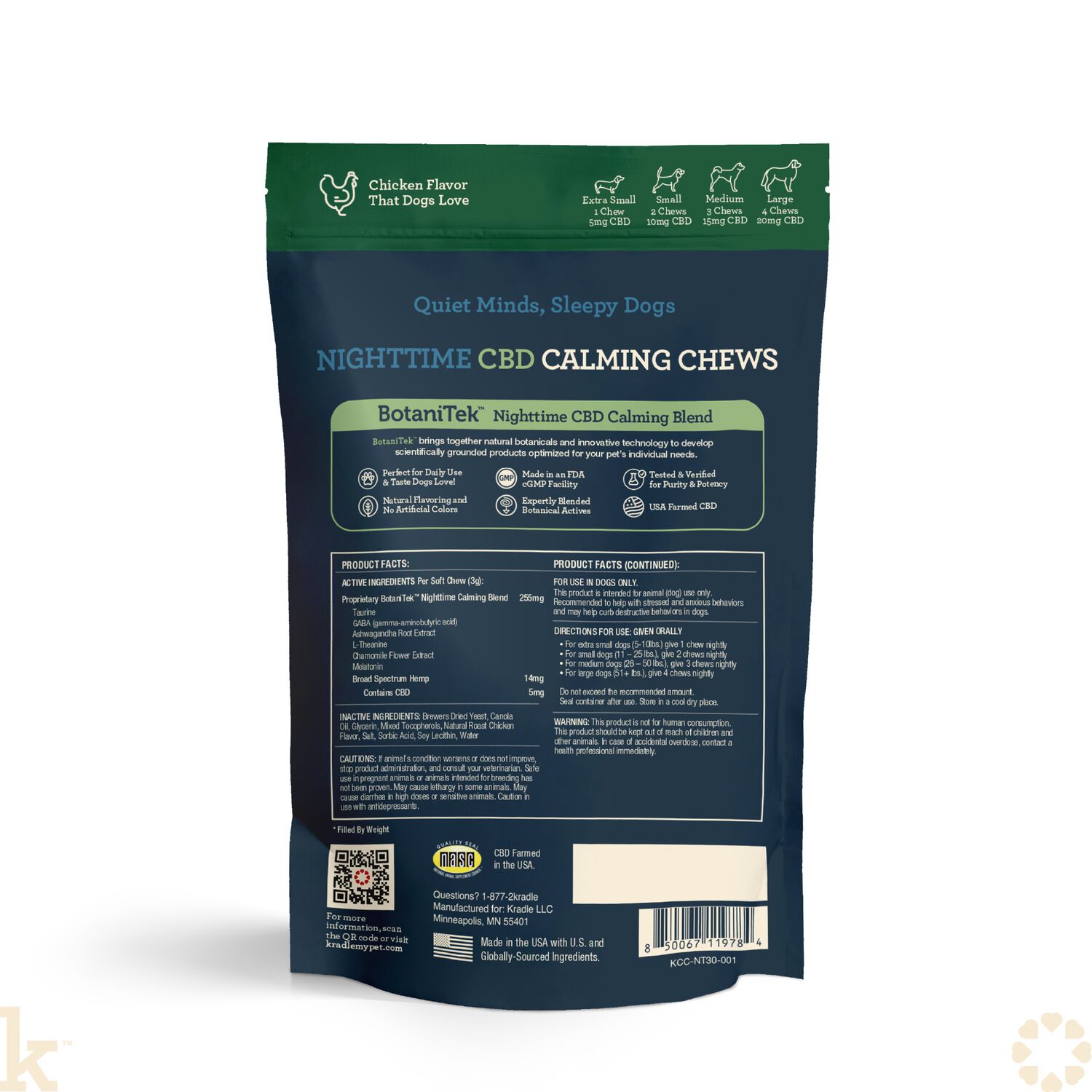 Kradle Night Time Cbd Calming Dog Chews With Melatonin, 5 Mg/Chew, 30-Ct Bag, Chicken Flavor
