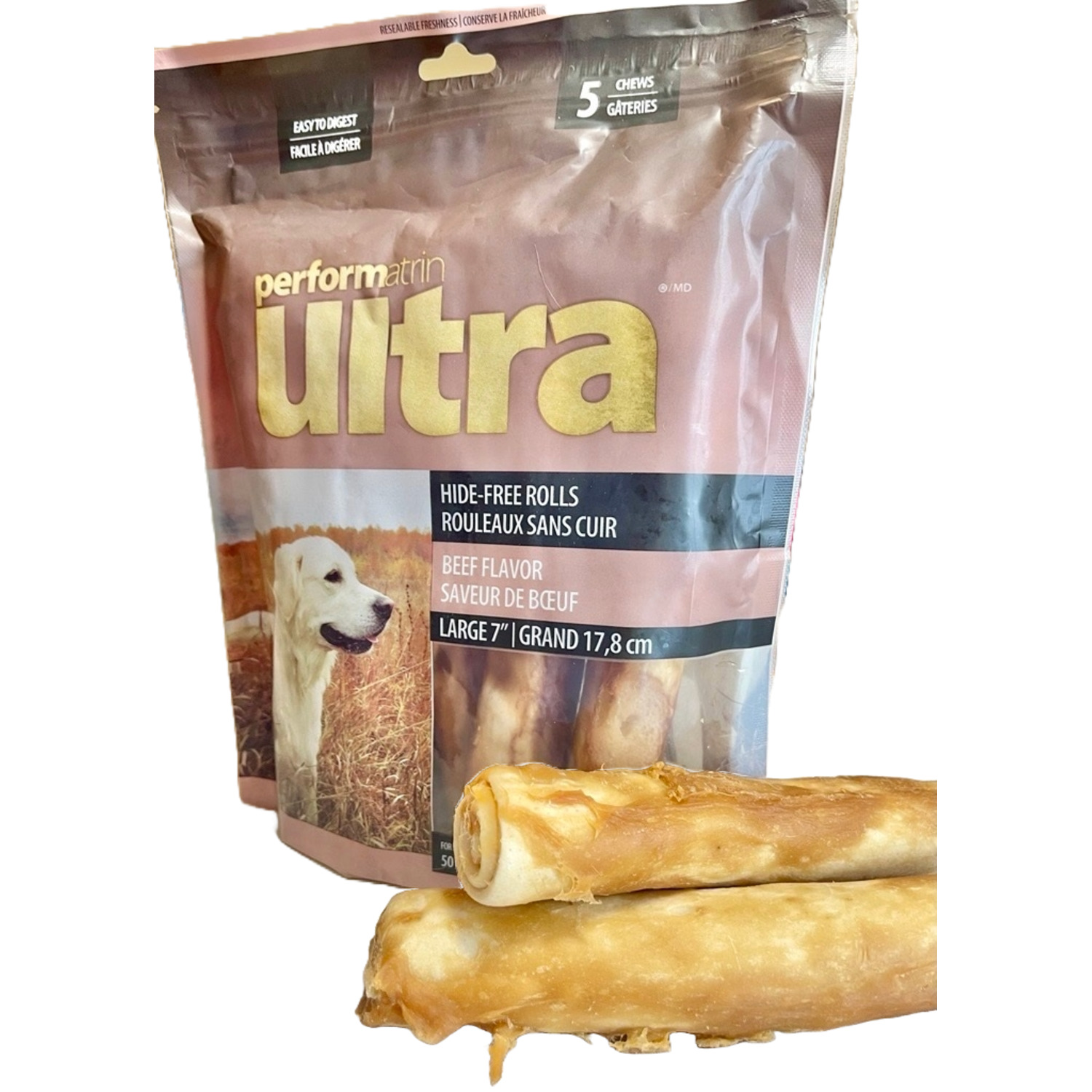 Performatrin Ultra Hide-Free Rolls Beef Flavor Large Dog Treats, 7"